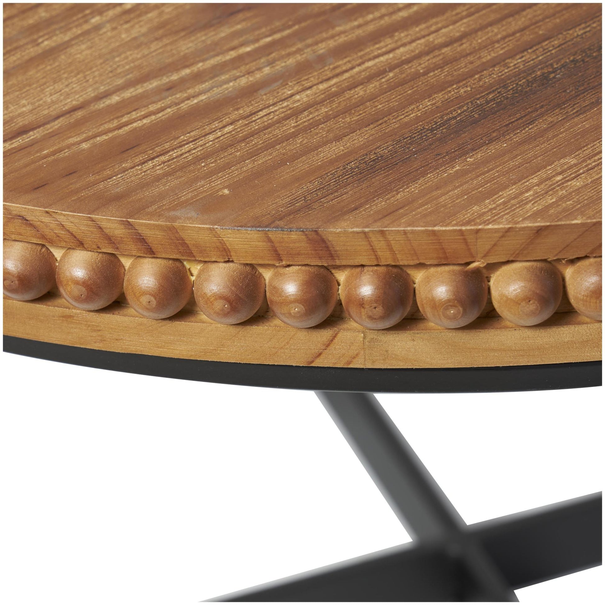 Brown Wood Beaded Living Room Coffee Table with Metal X-Shaped Base
