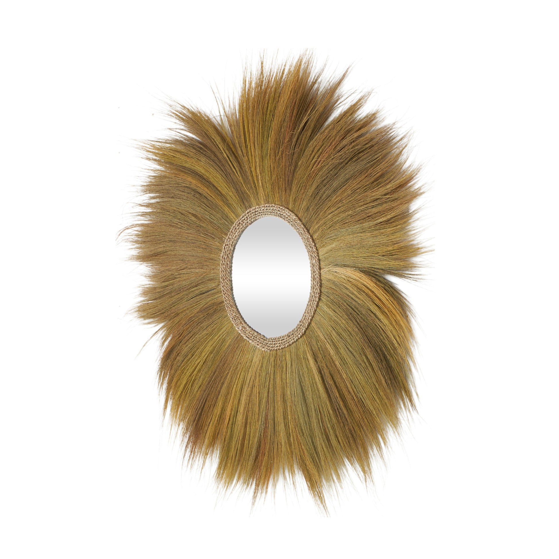 Brown Dried Plant Tribal Inspired Sunburst Grass Room Wall Mirror with Coiled Rope Center