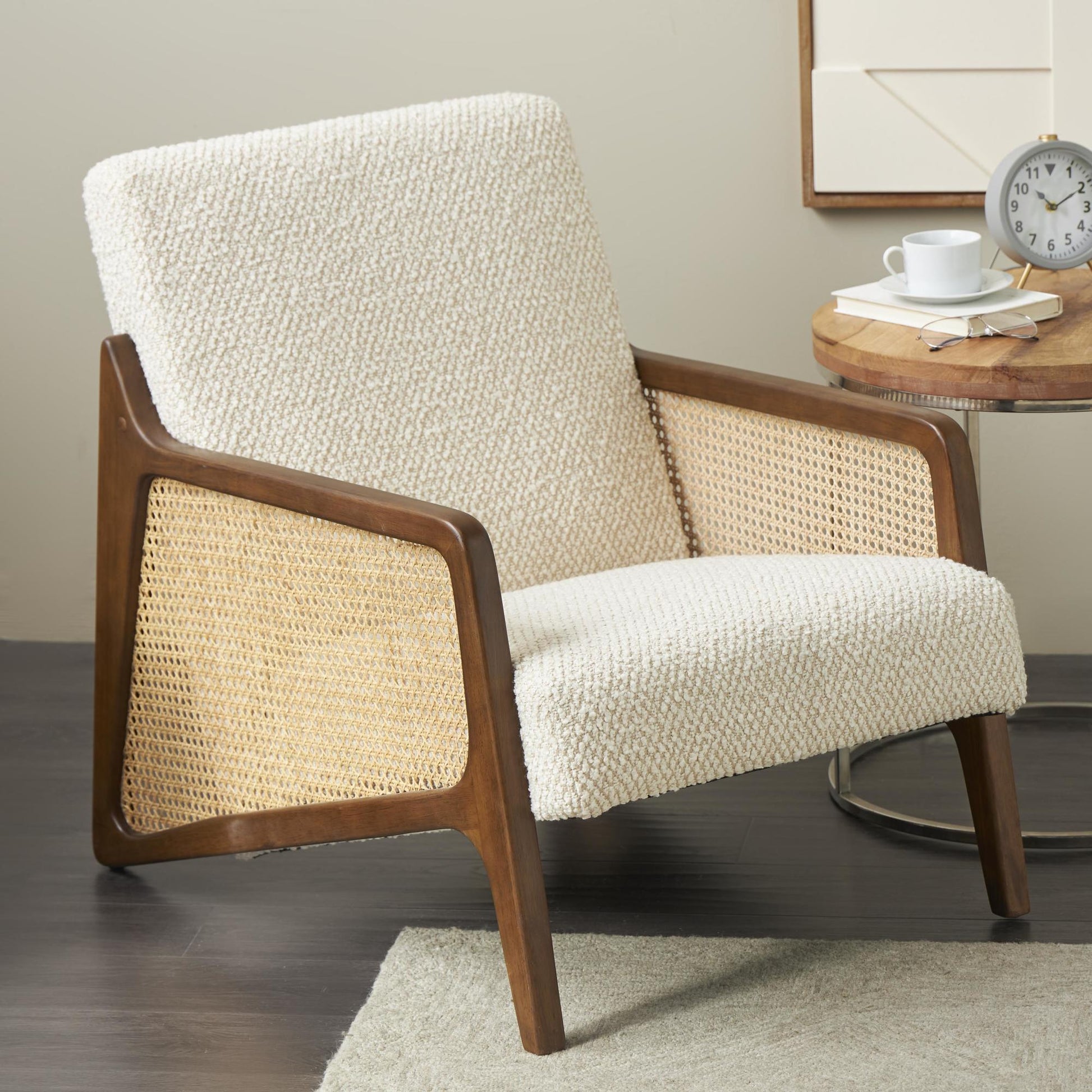 Cream Wood Upholstered Boucle Living Room Accent Chair with Brown Wooden Frame and Rattan Cane Panels