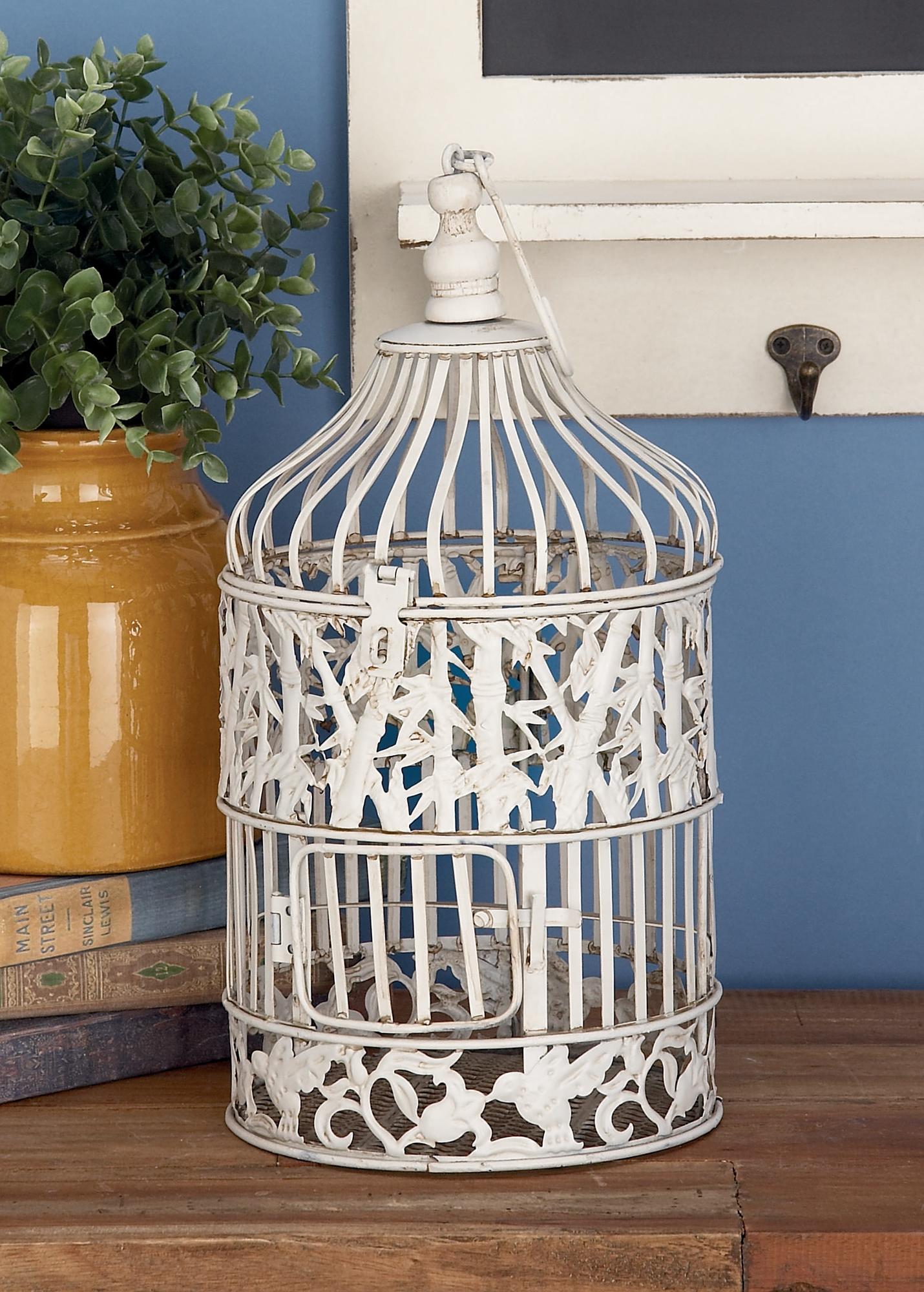 Set of 2 White Metal Indoor Outdoor Hinged Top Decorative Birdcage with Latch Lock Closure and Hanging Hook