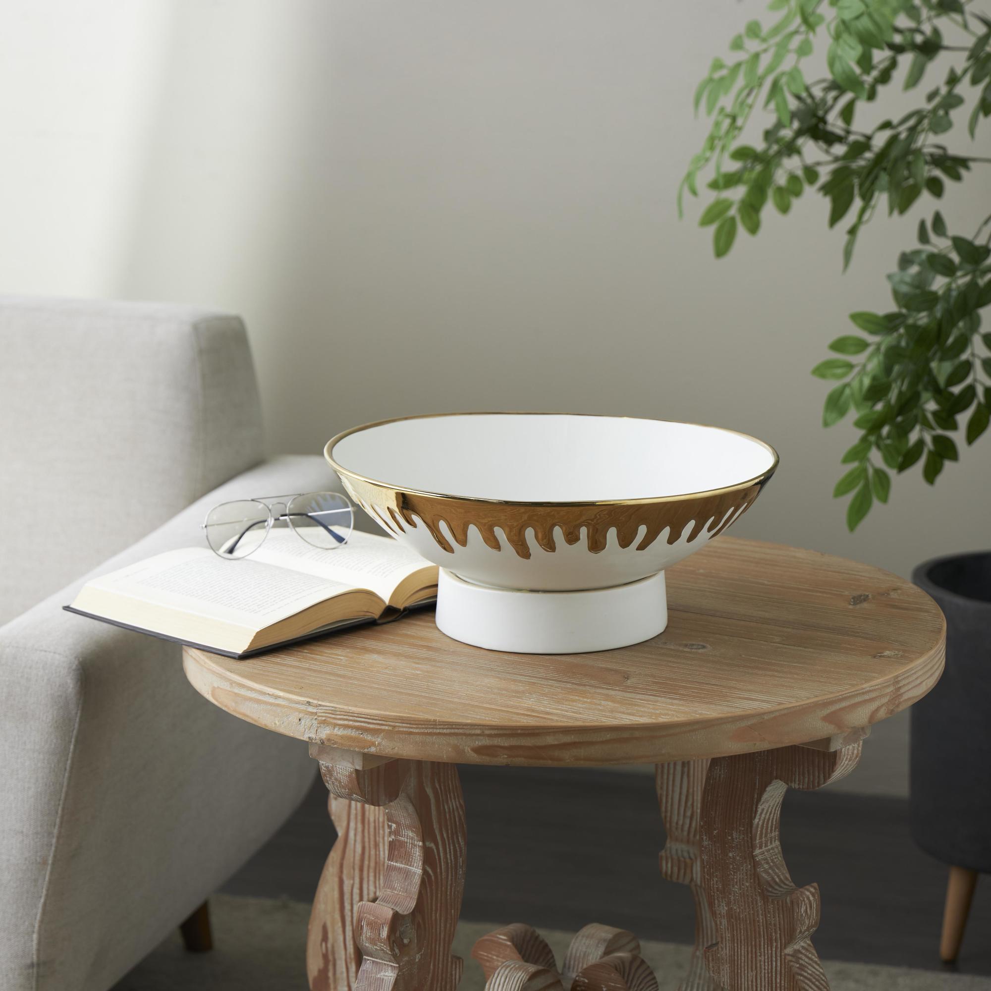 CosmoLiving by Cosmopolitan Abstract Ceramic Large Decorative Bowl with Abstract Gold Melting Drips