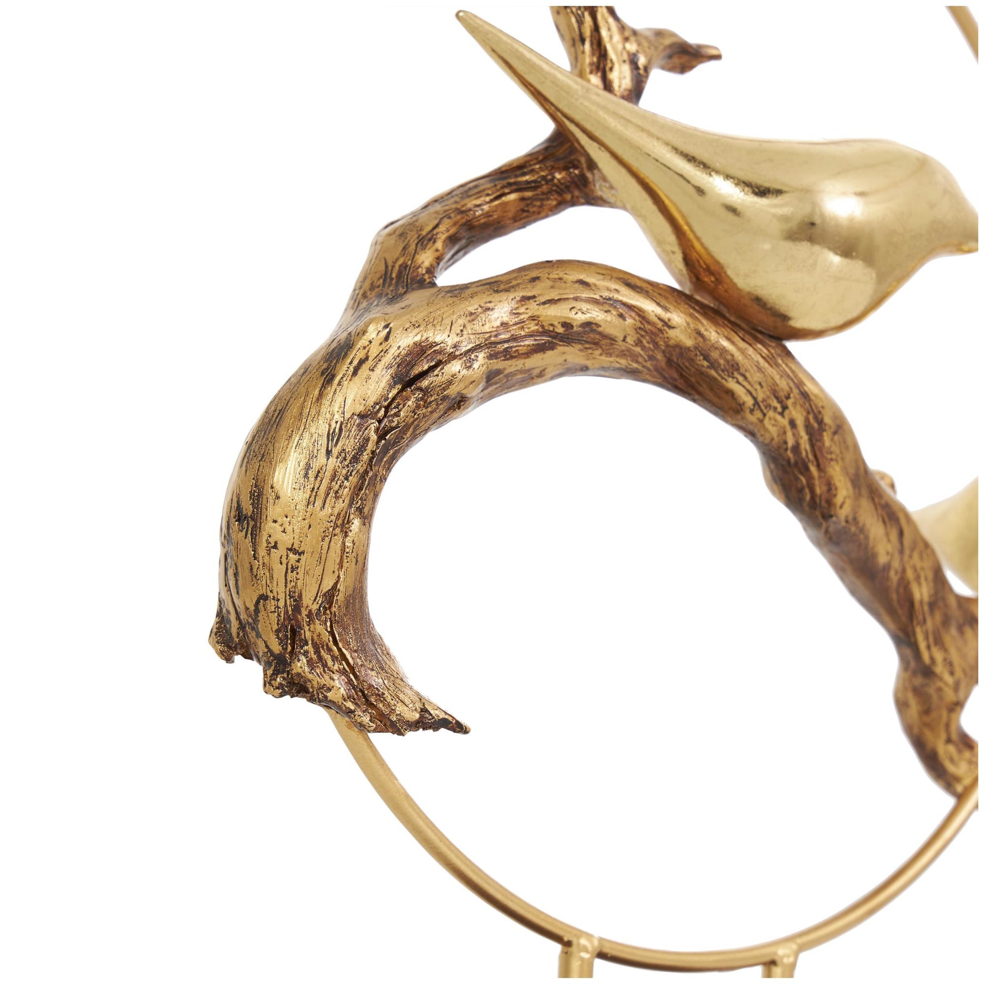 Bird Gold Polystone Family On A Branch Decorative Sculpture with Brown Block Base