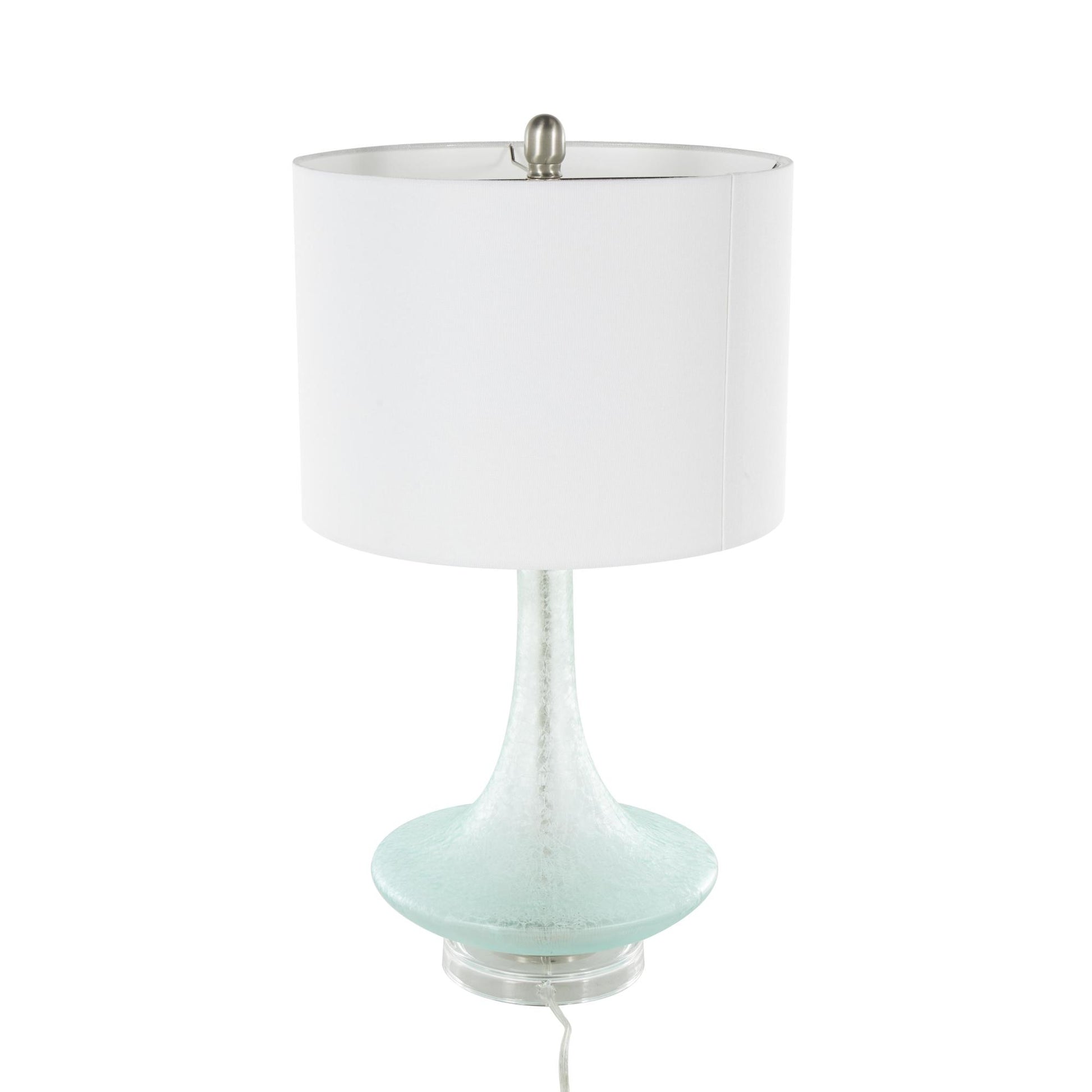Teal Glass Textured Frosted Round Room Table Lamp with White Drum Shade and Silver Base