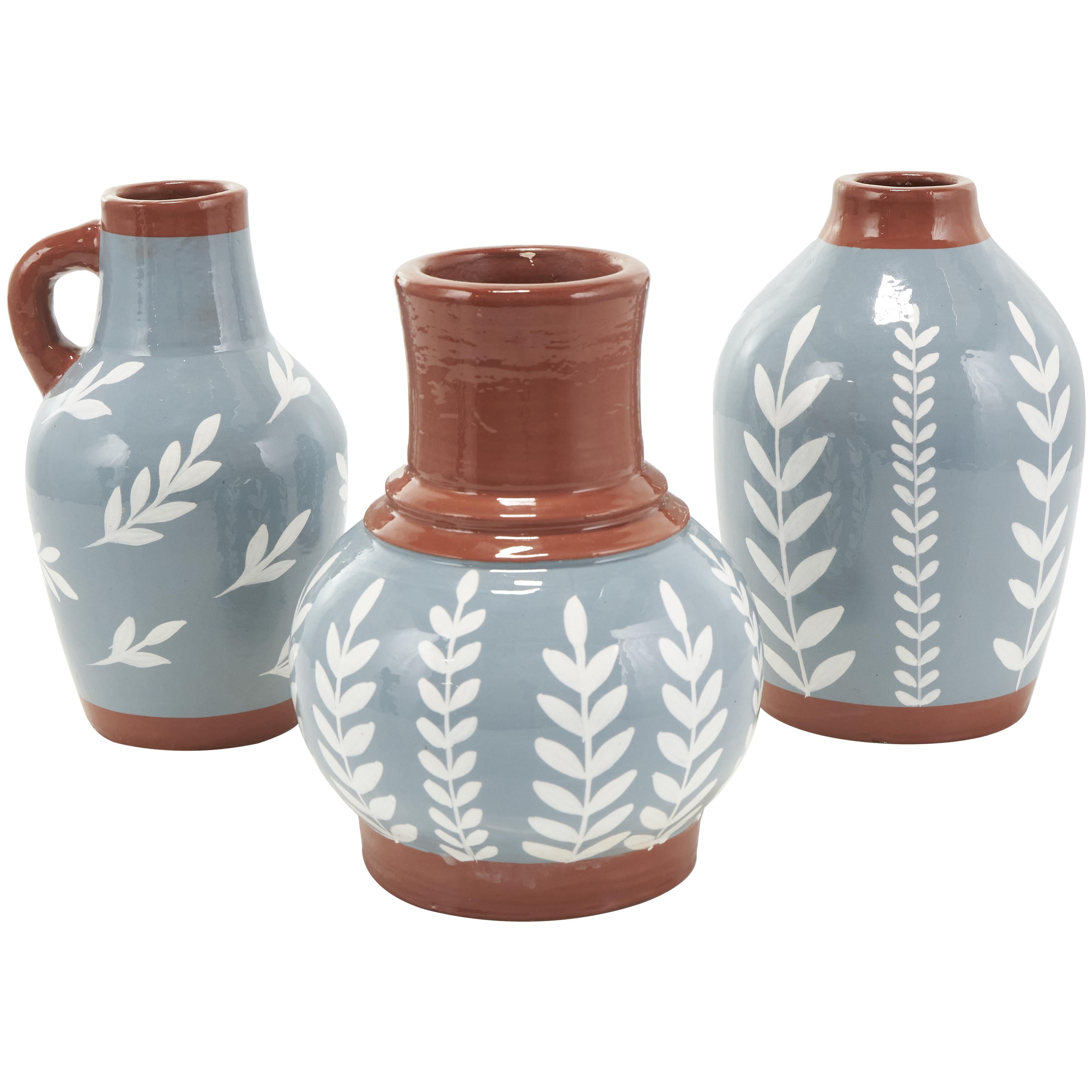 Set of 3 Floral Ceramic Decorative Vase with Terracotta Colored Detailing