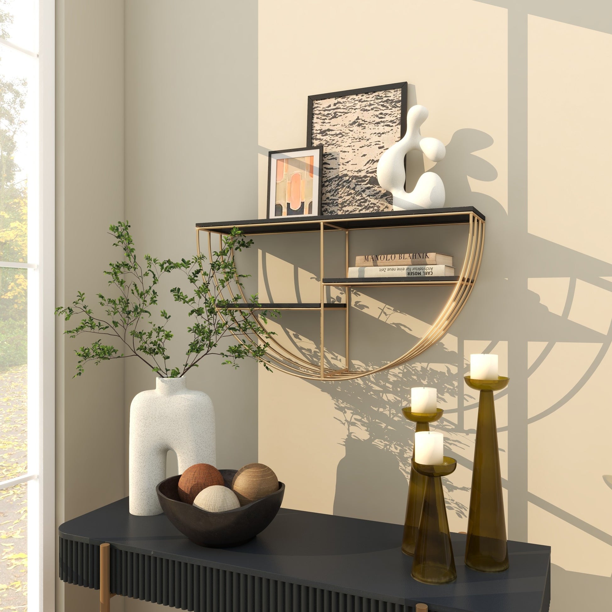 Gold Wooden 3 Shelves Room Wall Shelf with Half Moon Shape