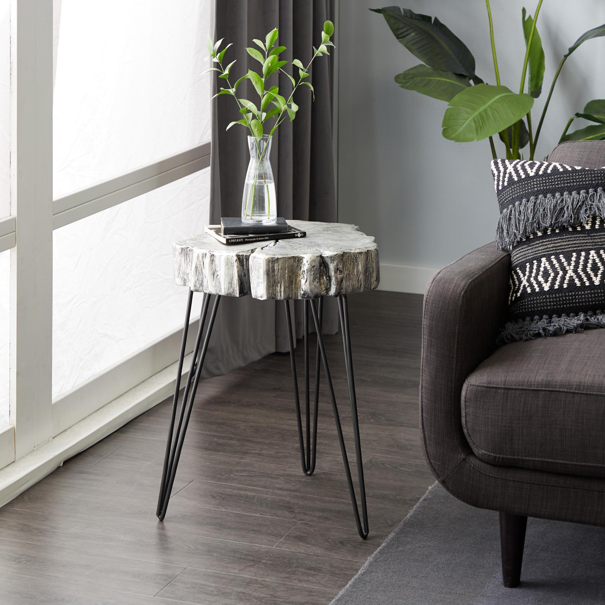 Magnesium Oxide Tree Trunk Side End Accent Table with Black Metal Hairpin Legs
