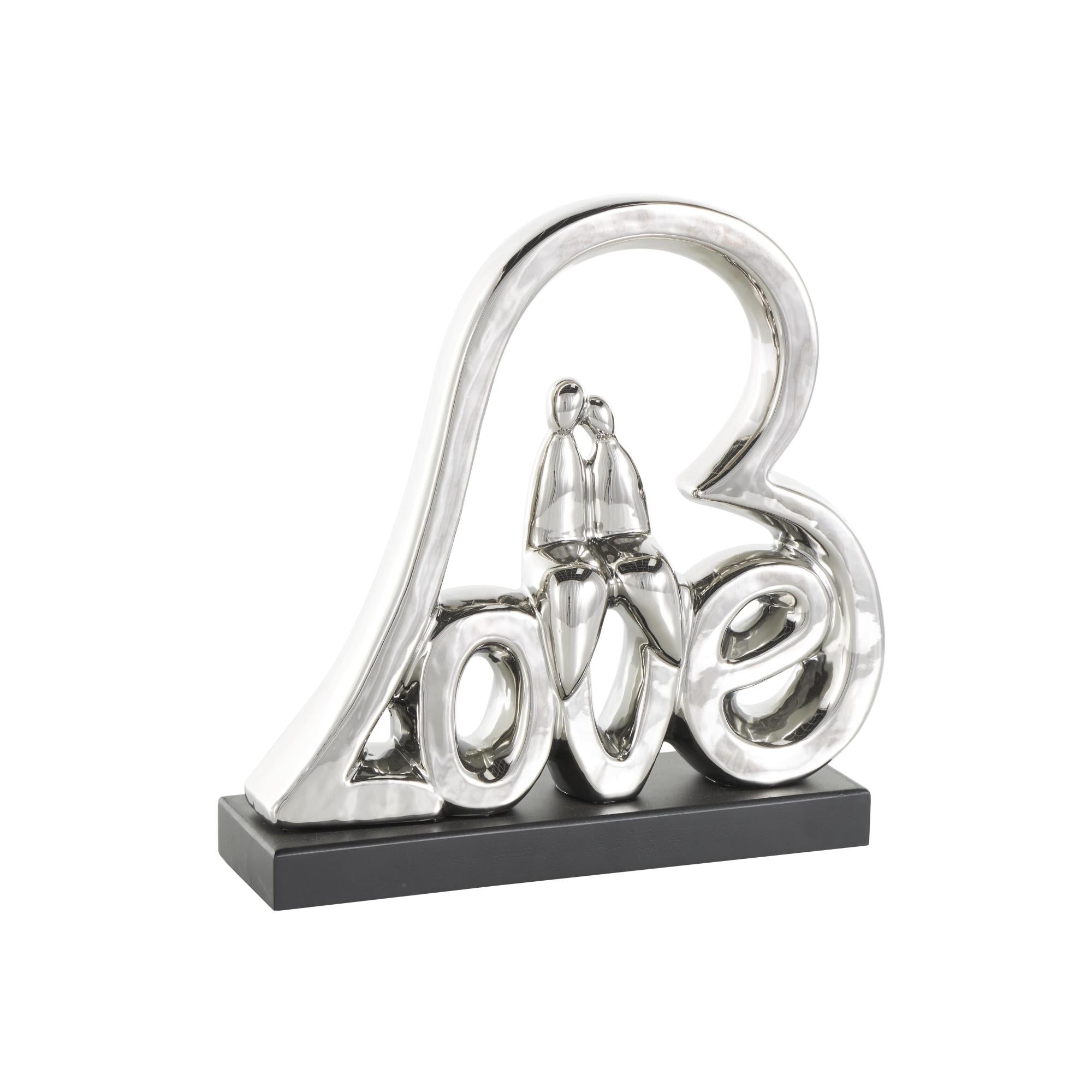 Heart Silver Ceramic Family Love Decorative Sculpture with Black Base