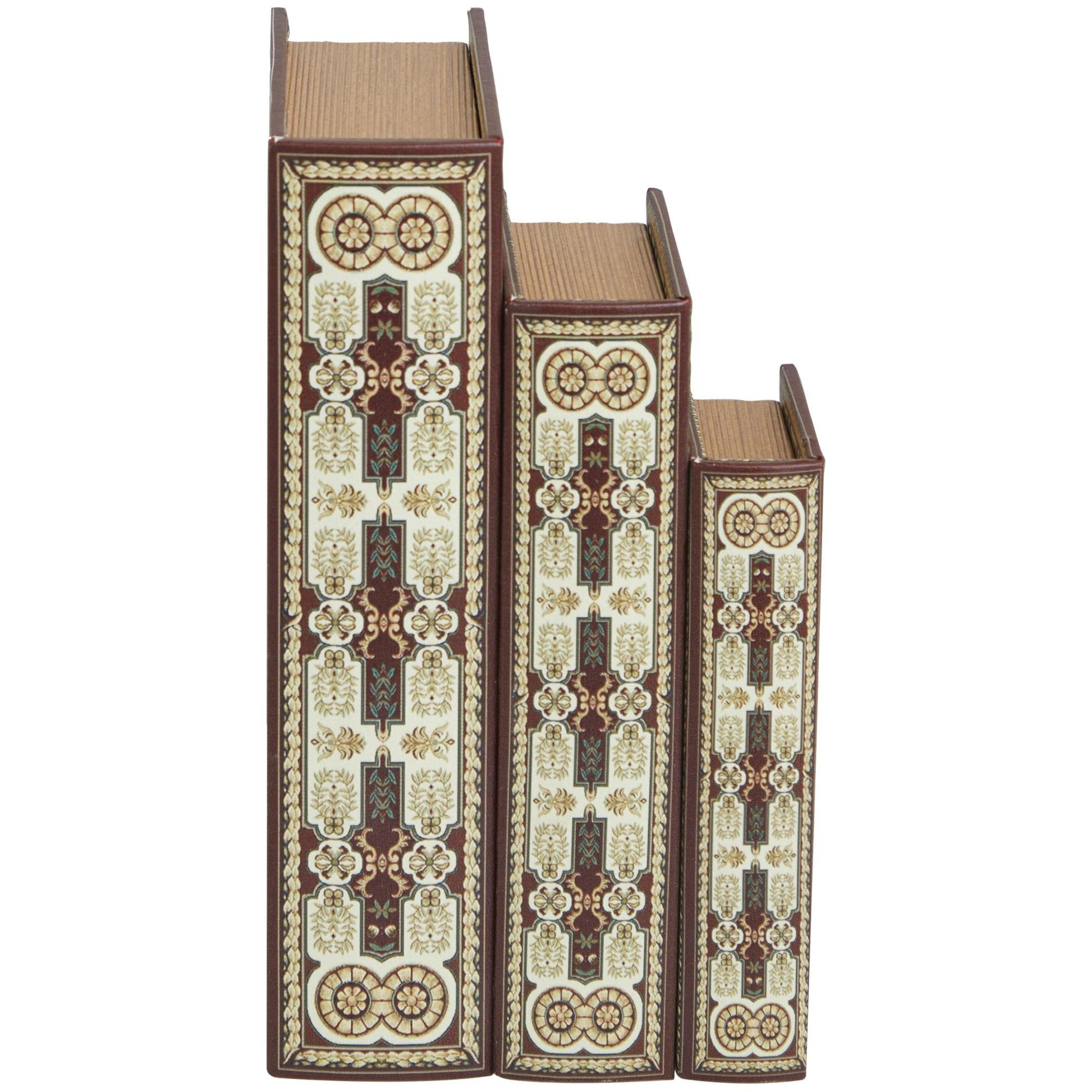 Set of 3 Scroll Red Canvas Faux Book Storage Decorative Box with Cream Floral Arabesque Patterns