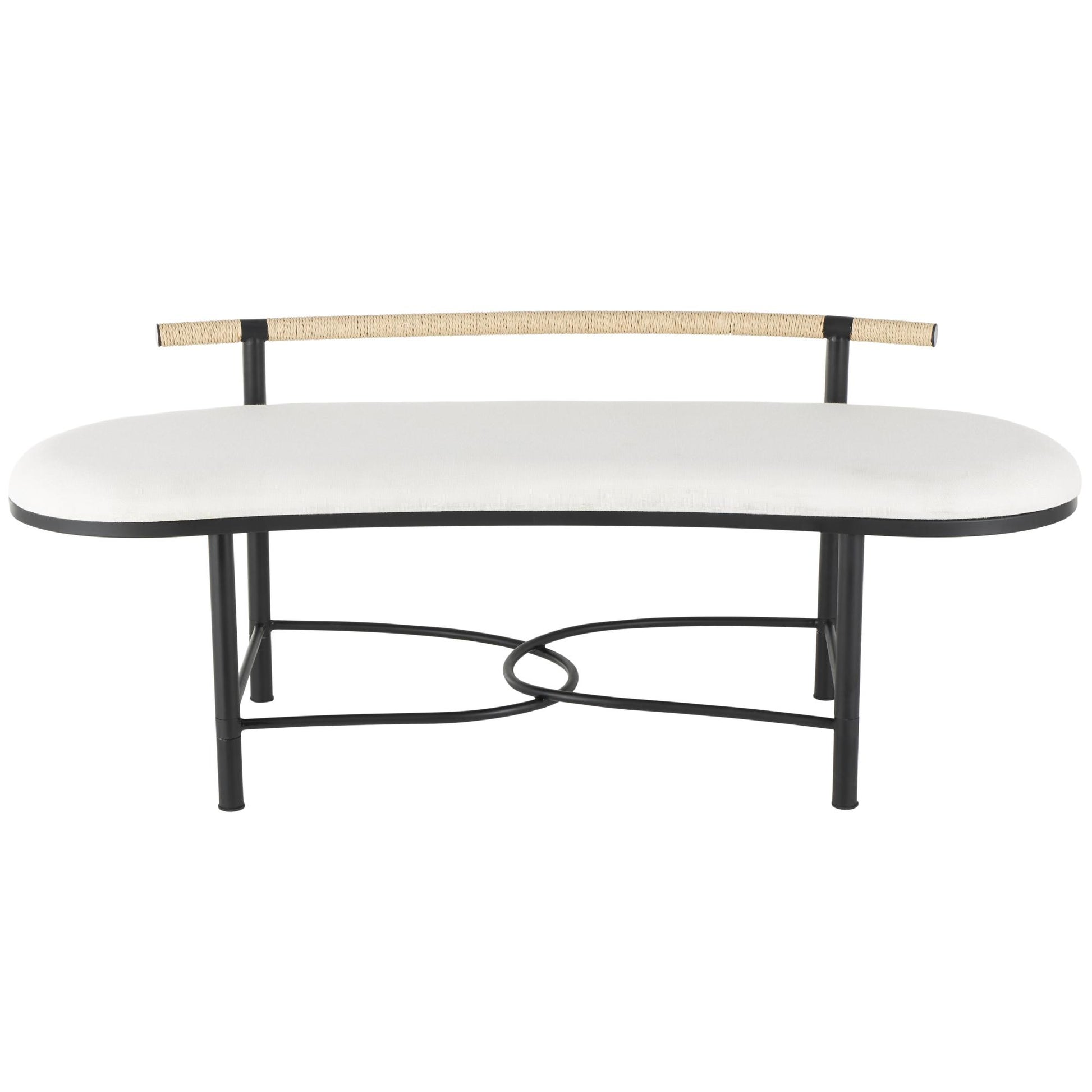 Abstract White Fabric Upholstered Oval Home Bench with Black Metal Frame and Rope Rod Backrest