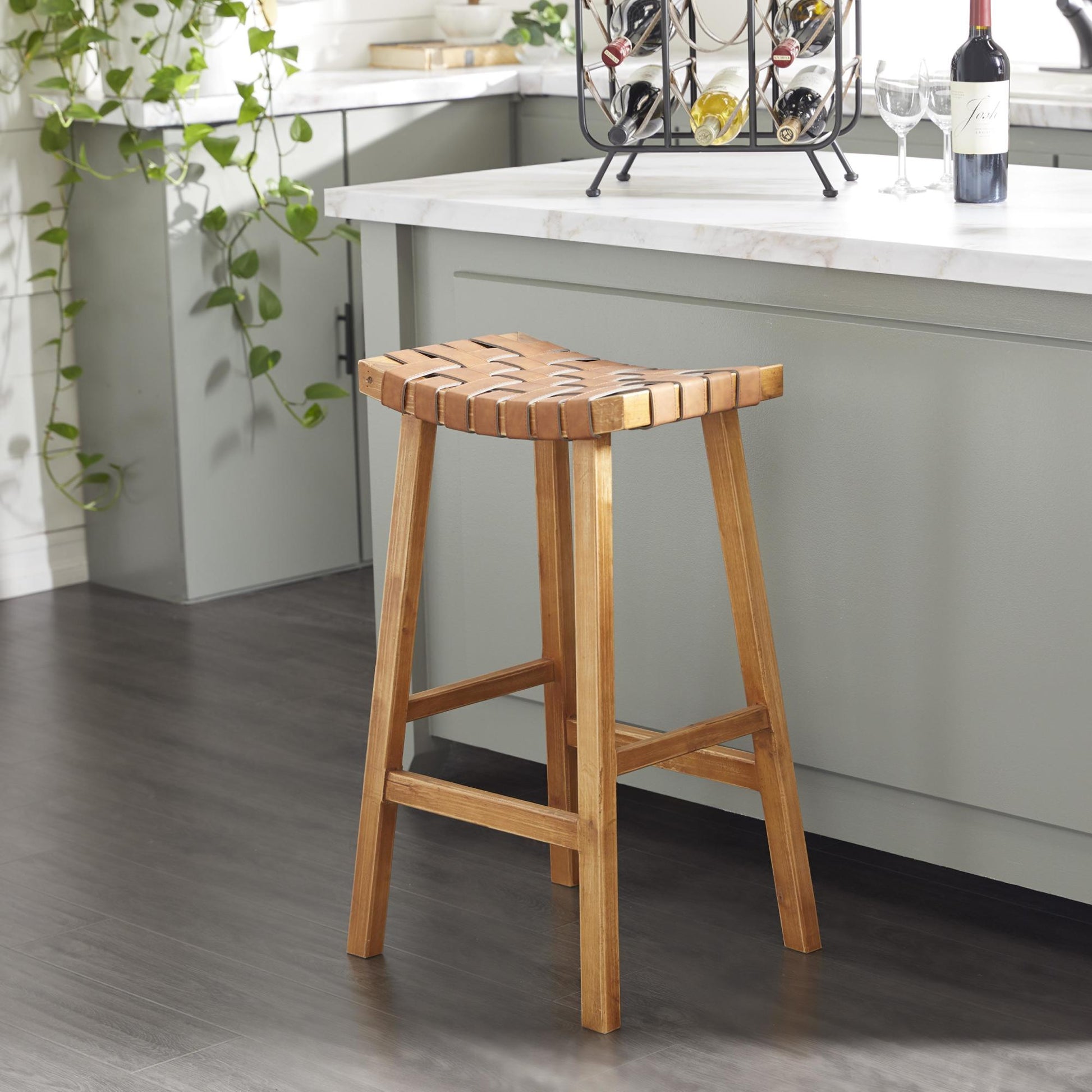 Faux Leather Handmade Woven Kitchen Bar Stool with Wood Frame