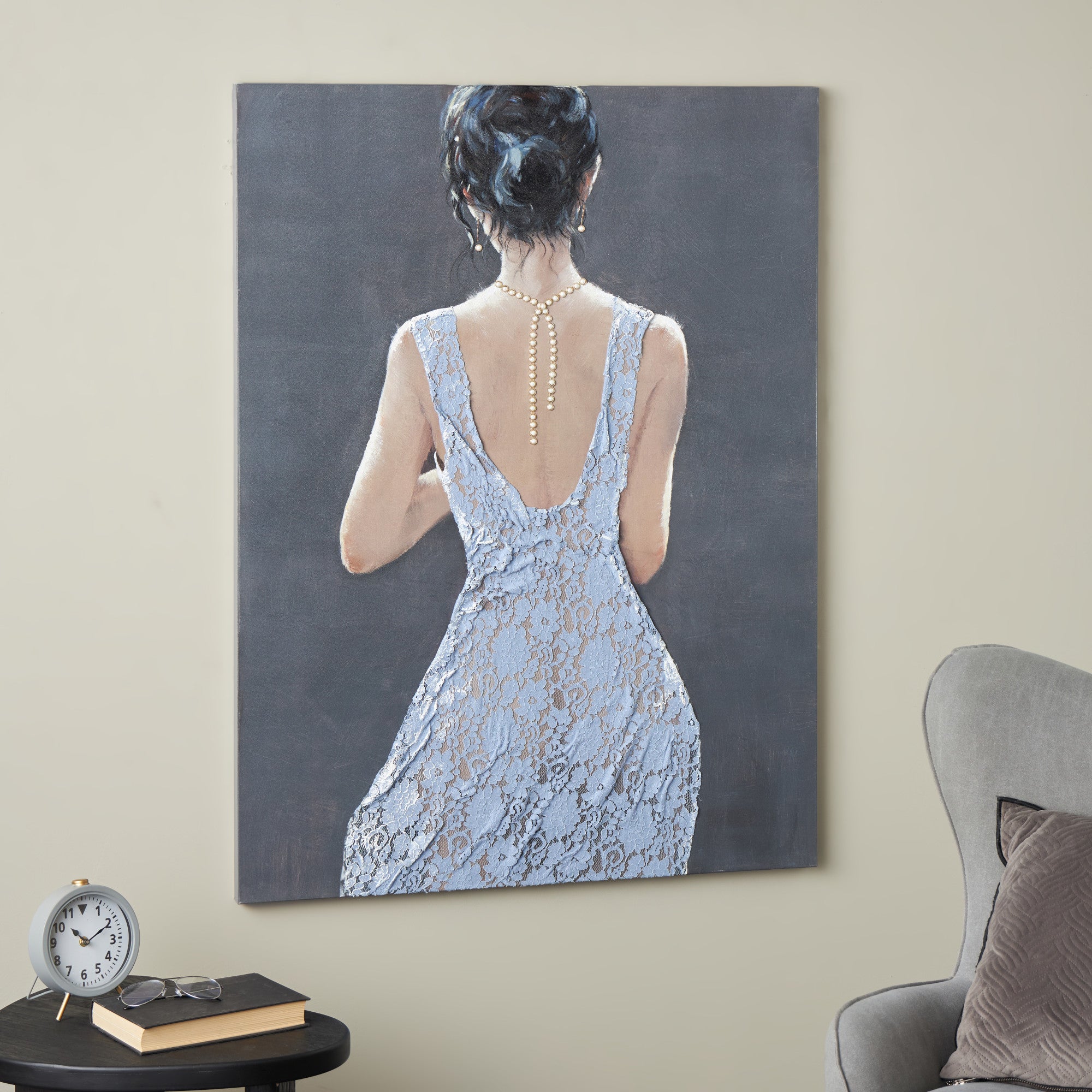 Woman Multi Colored Canvas Living Room Framed Wall Art with 3D Blue Fabric Dress and Gold Jewels