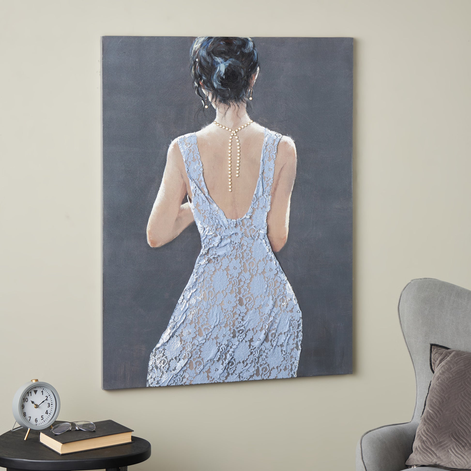 Woman Multi Colored Canvas Living Room Framed Wall Art with 3D Blue Fabric Dress and Gold Jewels