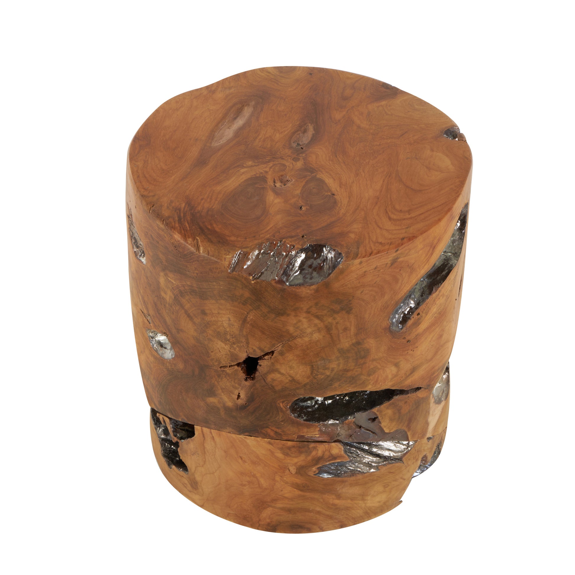 Brown Teak Wood Handmade Live Edge Tree Stump Living Room Stool with Silver Accents