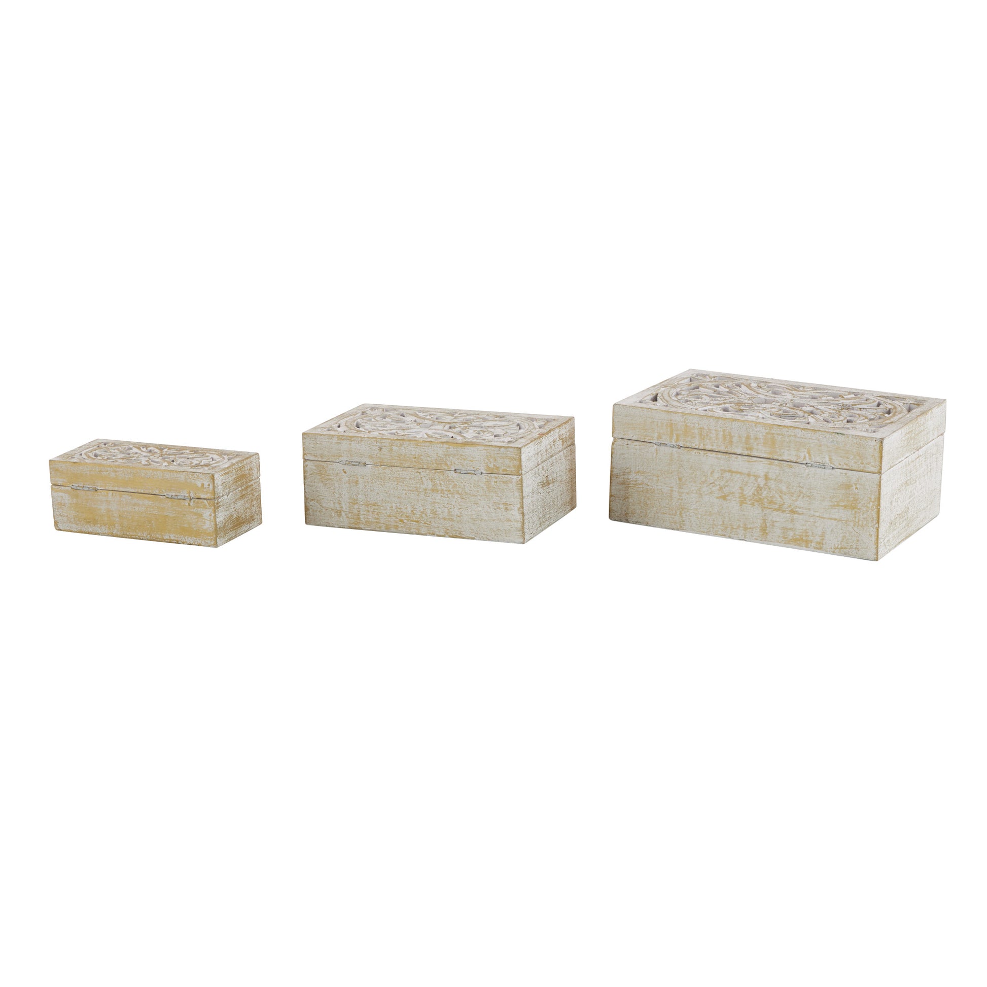 Set of 3 Floral White Mango Wood Handmade Decorative Box with Hinged Lid
