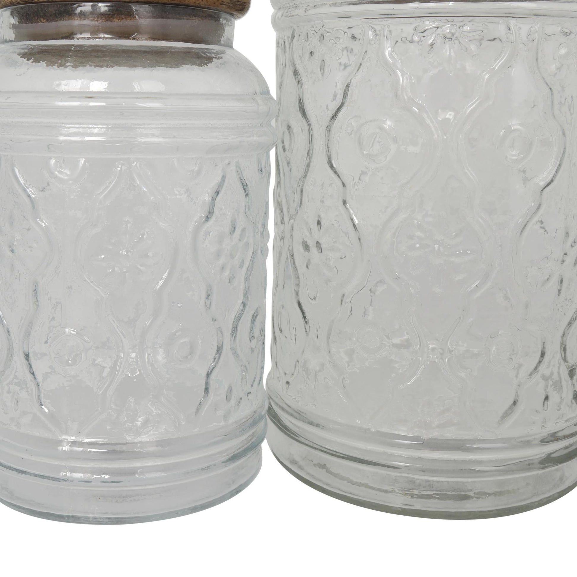 Set of 2 Floral Clear Glass Living Room Decorative Jars with Brown Wooden Lids and Antique Style Knobs