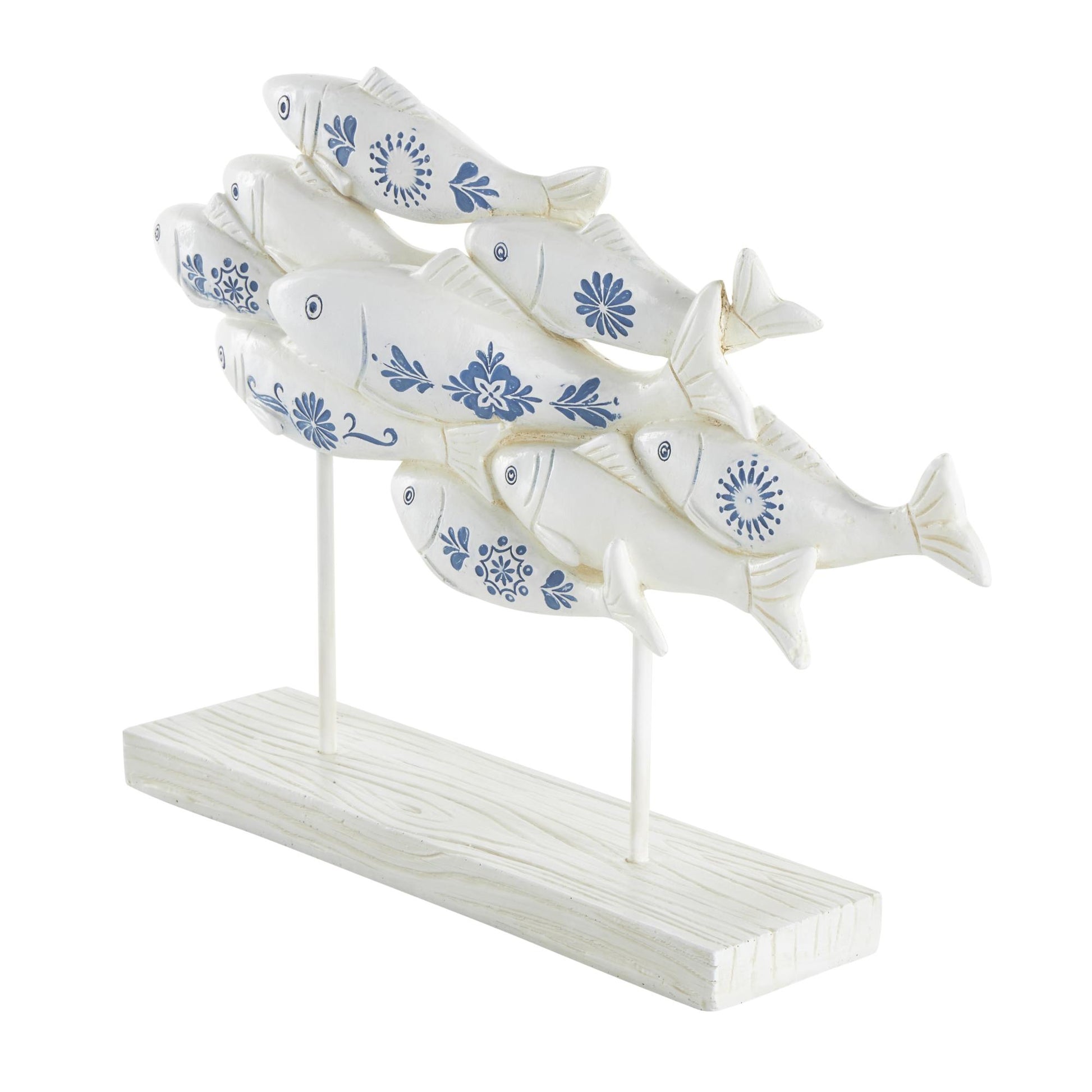 Fish White Polystone Decorative Sculpture with Blue Floral Patterns and Stand