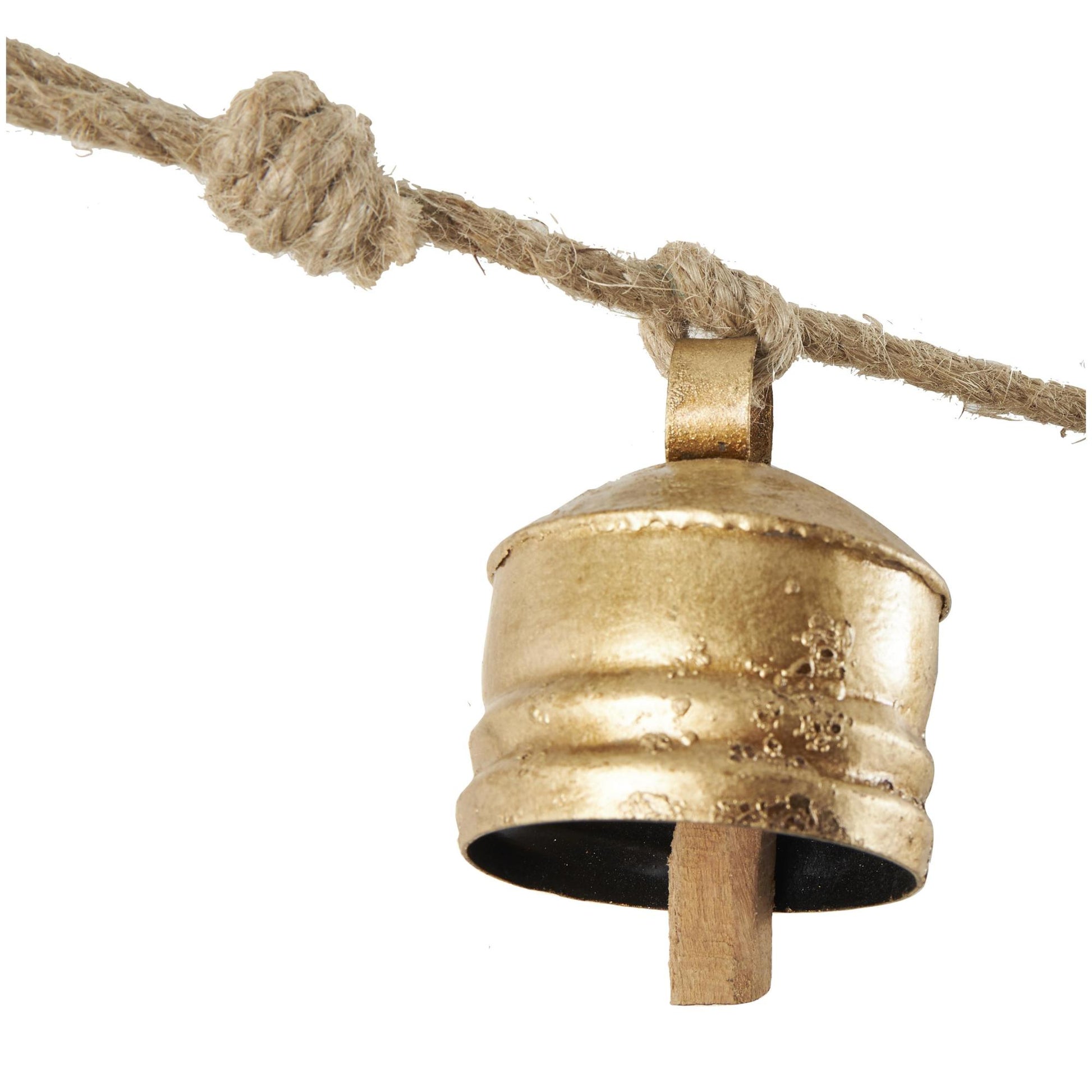 Gold Metal Tibetan Inspired String Hanging Indoor Outdoor Decorative Cow Bells with 6 Bells on Jute Hanging Rope