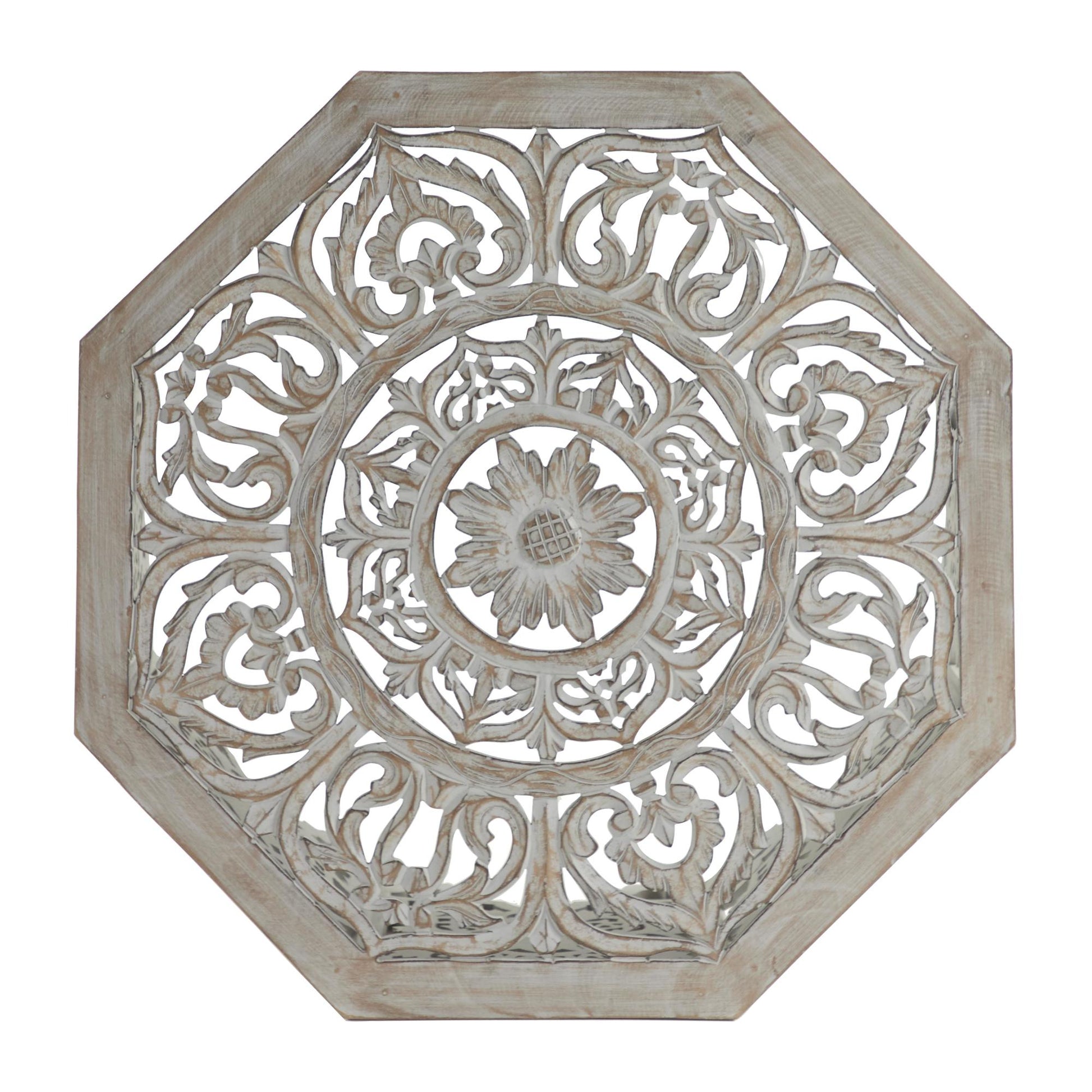 Floral Light Gray Wooden Handmade Intricately Carved Living Room Coffee Table with Hollow Interior
