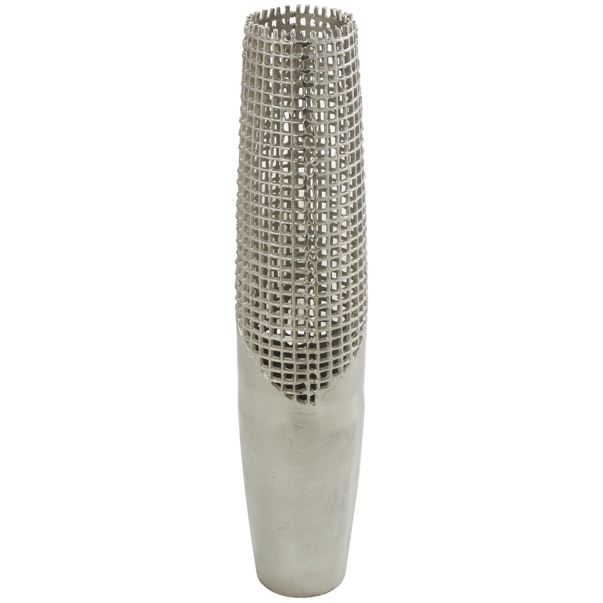 Silver Aluminum Metal Tall Grid Inspired Decorative Vase with Open Frame Design