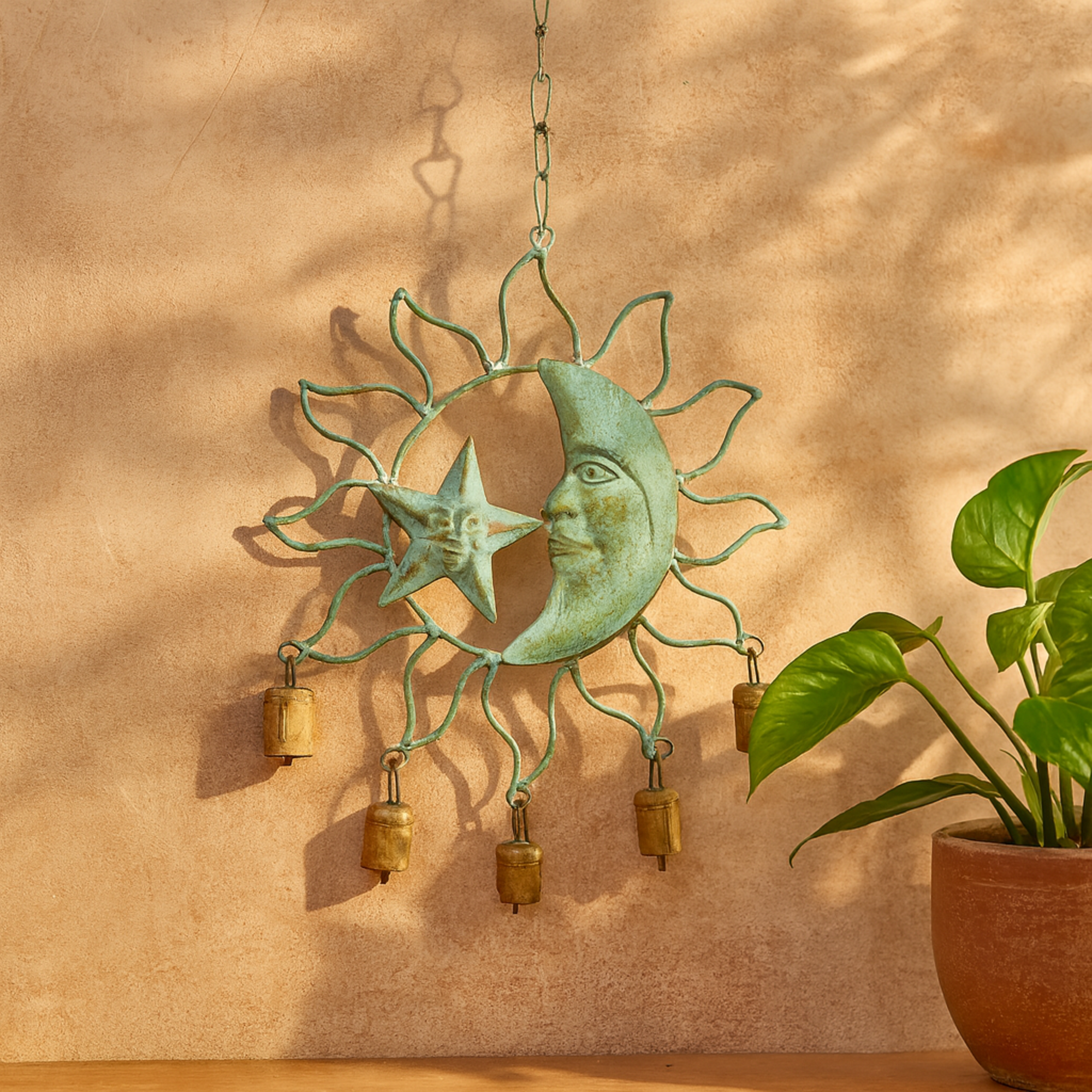 Sun and Moon Teal Metal Indoor Outdoor Windchime with Bells