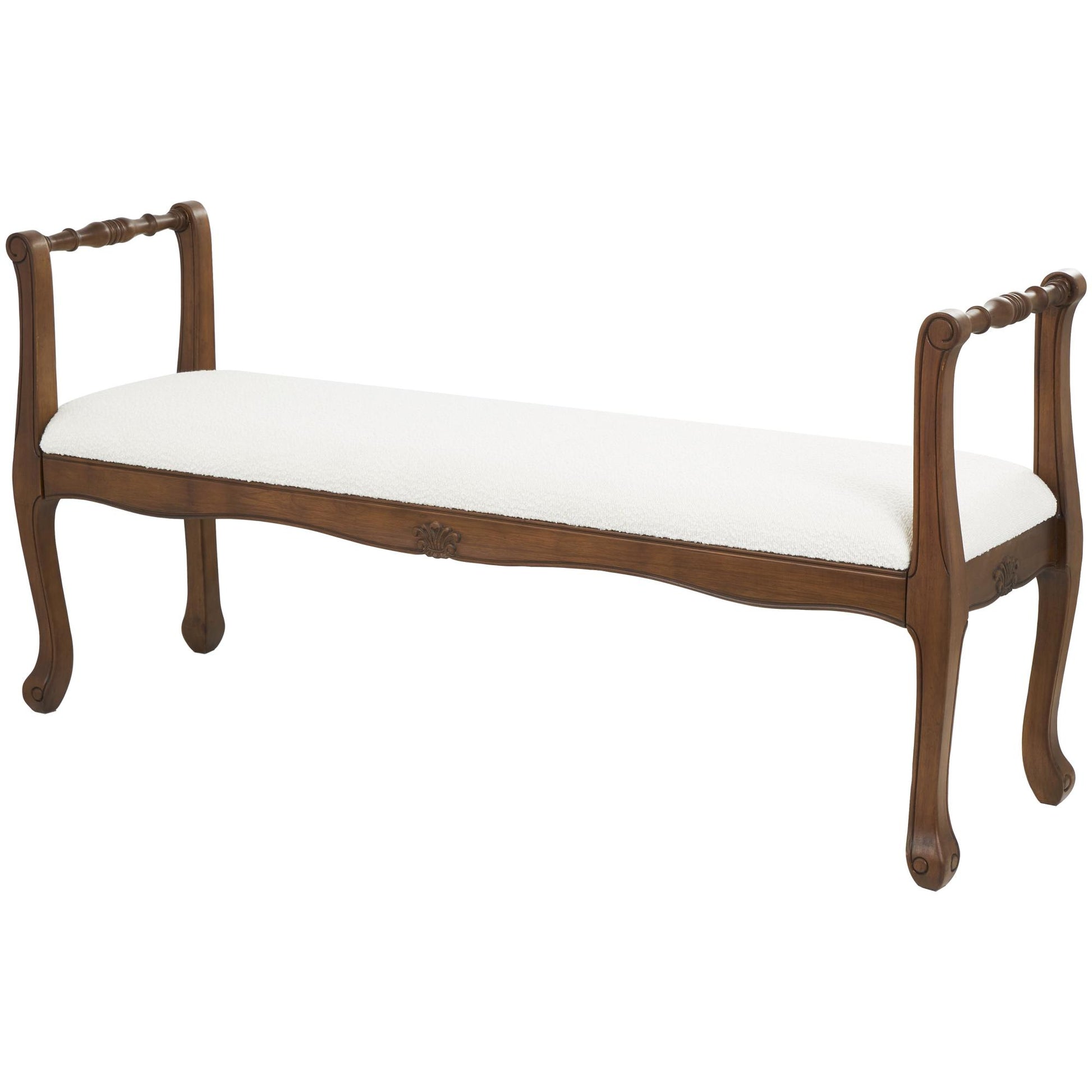 Cream Fabric Arm Home Bench with Brown Traditional Wood Turned Legs
