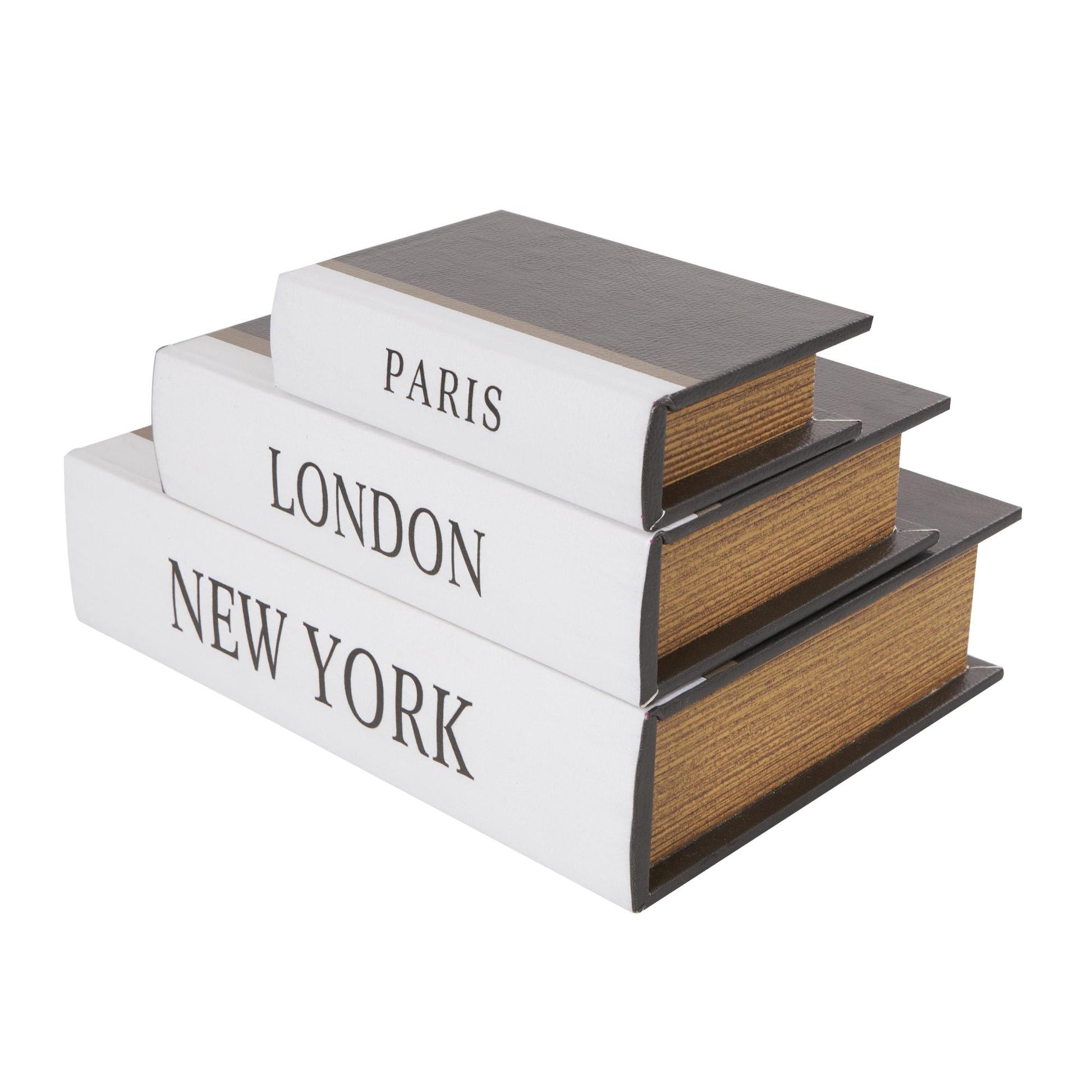 Set of 3 Black Faux Leather Paris, London, New York Faux Book Storage Decorative Box with White Spine