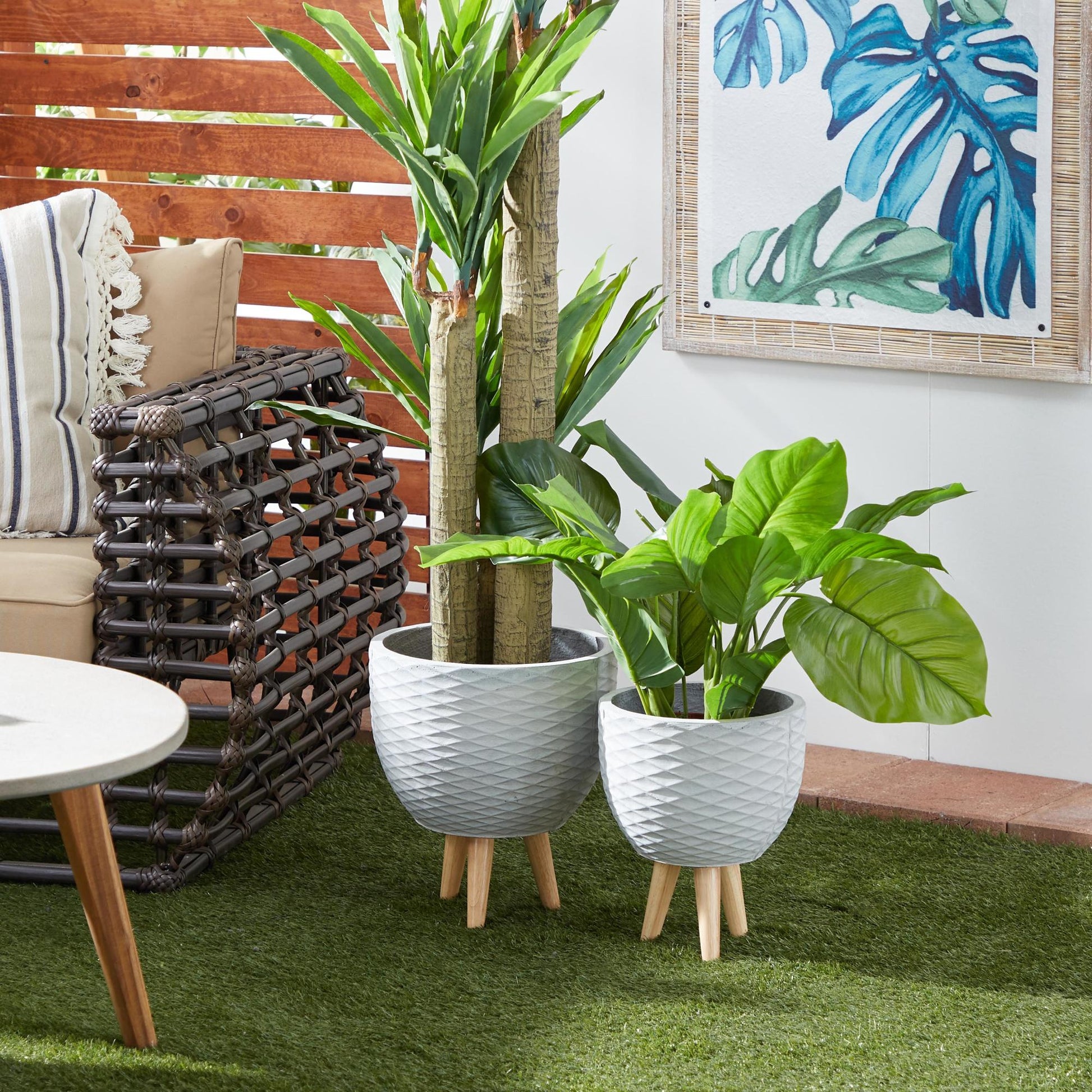 Set of 2 Geometric Ceramic Diamond Patterned Indoor Outdoor Planter with Wood Tripod Legs