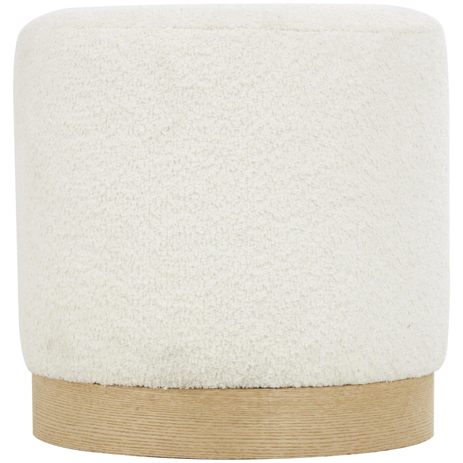 Geometric White Polyester Boucle Living Room Stool with Brown Wooden Base