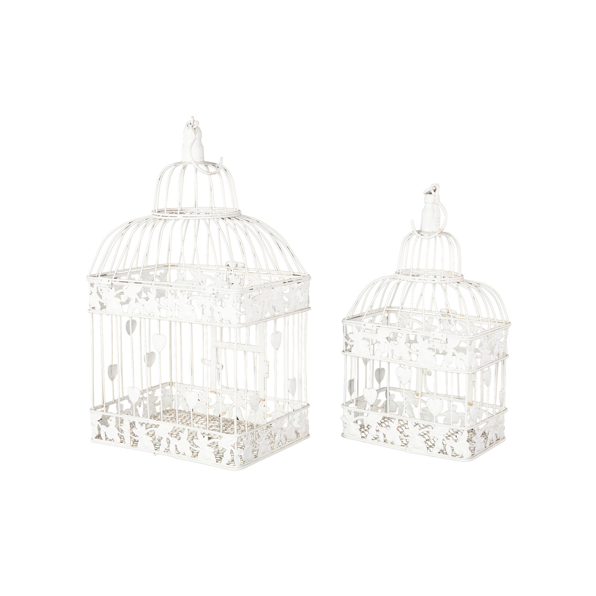 Set of 2 White Metal Indoor Outdoor Hinged Top Decorative Birdcage with Latch Lock Closure and Hanging Hook