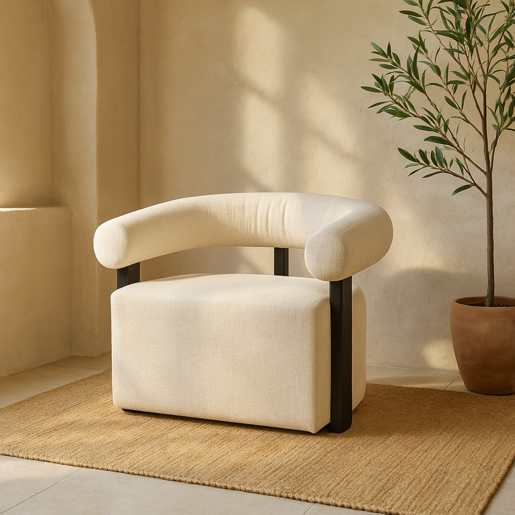 Beige Polyester Living Room Accent Chair with Black Wood Support