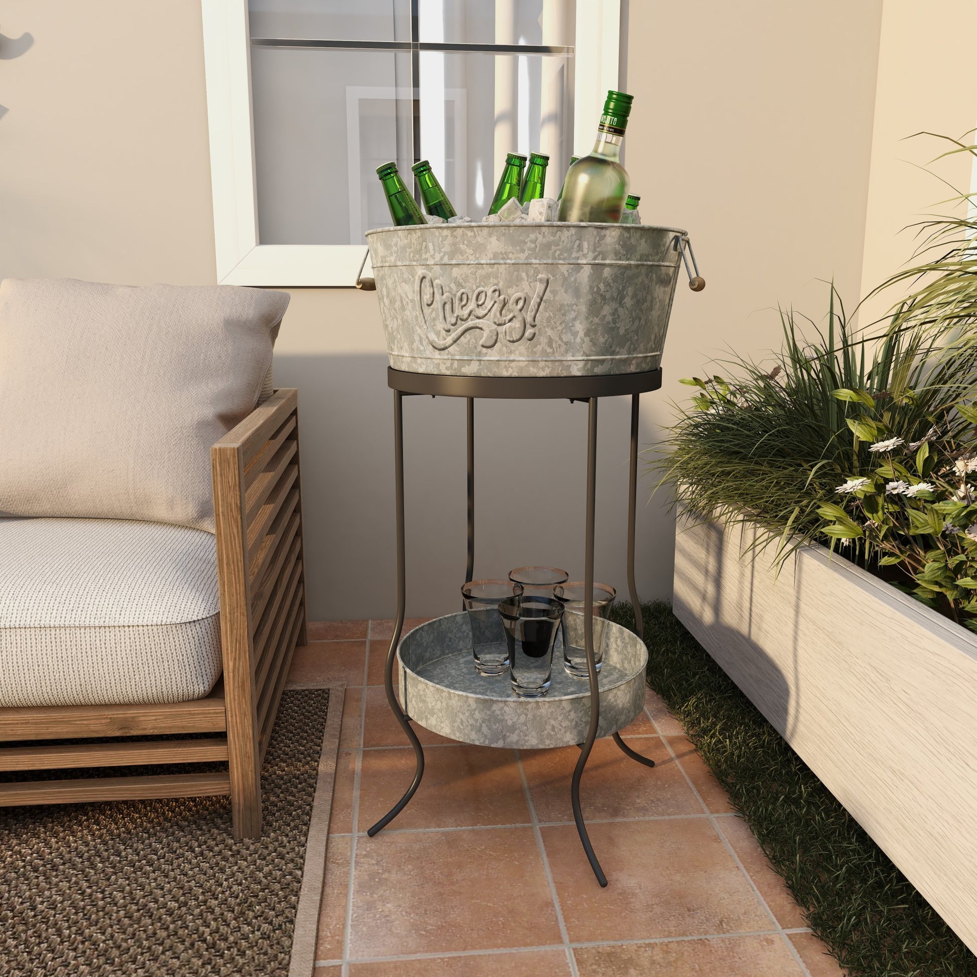 Gray Metal 6 Bottle Decorative Ice Bucket with Lower Shelf