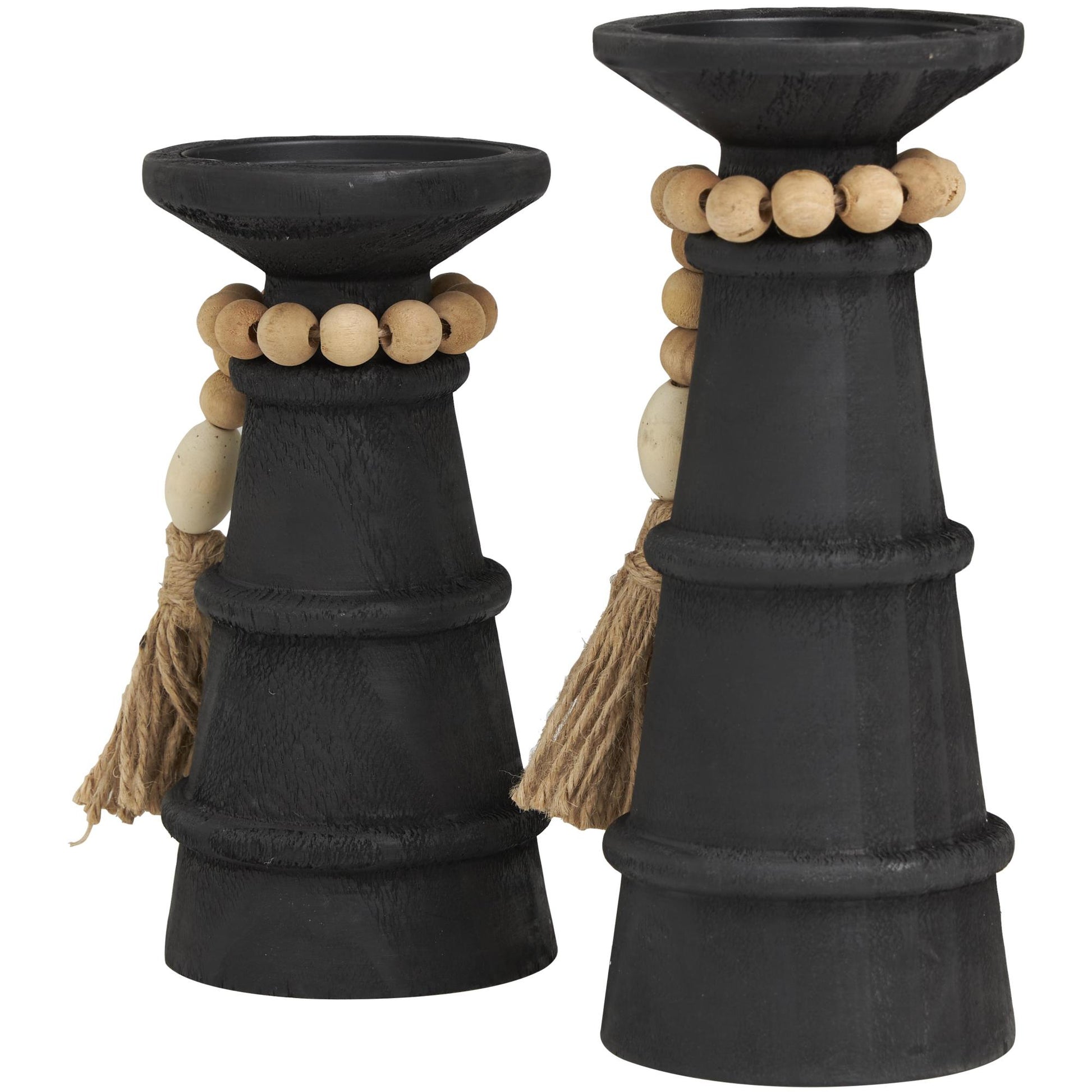 Set of 2 Black Wood Handmade Textured Matte Decorative Candle Holder with Beaded Garland Accent