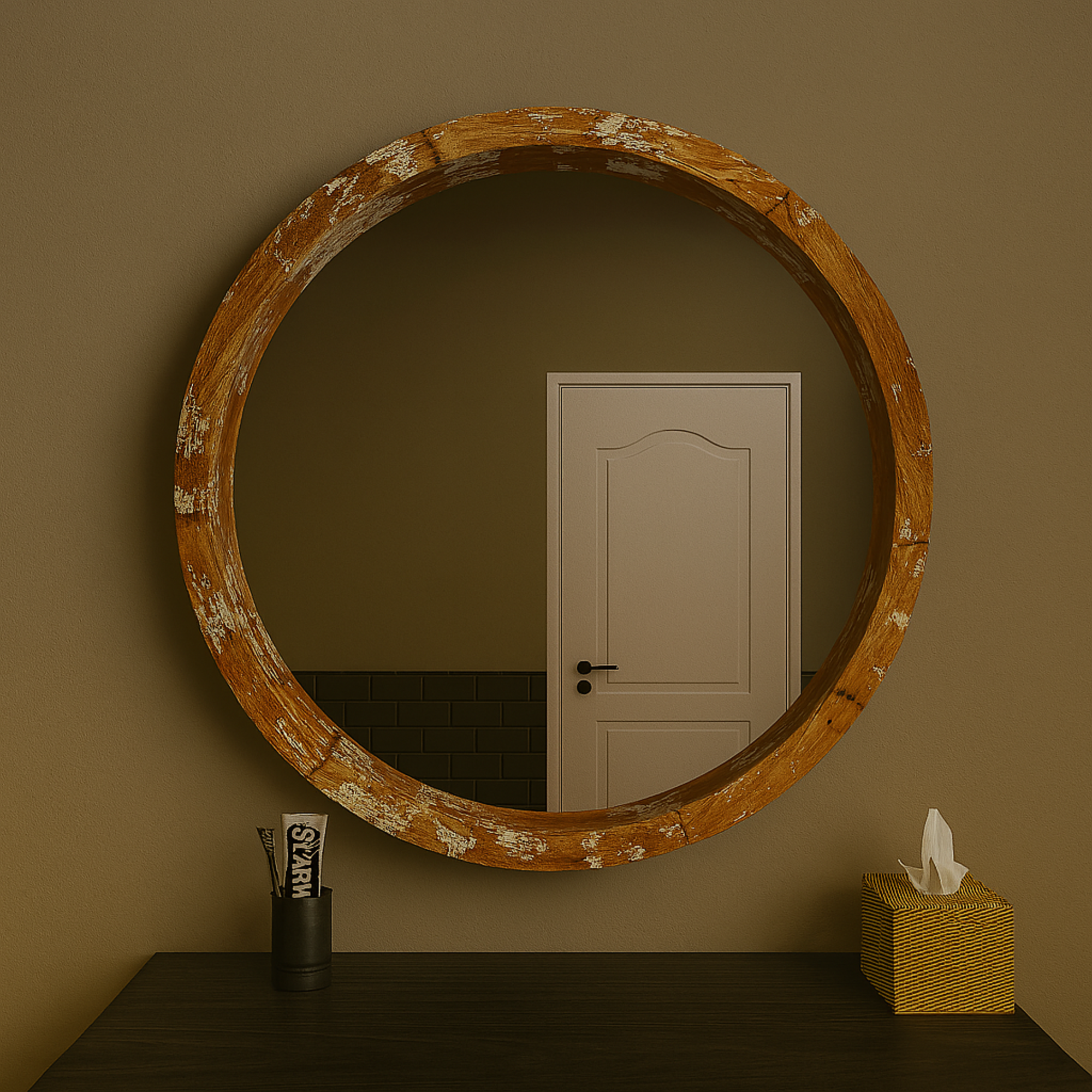 Brown Wood Room Wall Mirror with Cream Distressing
