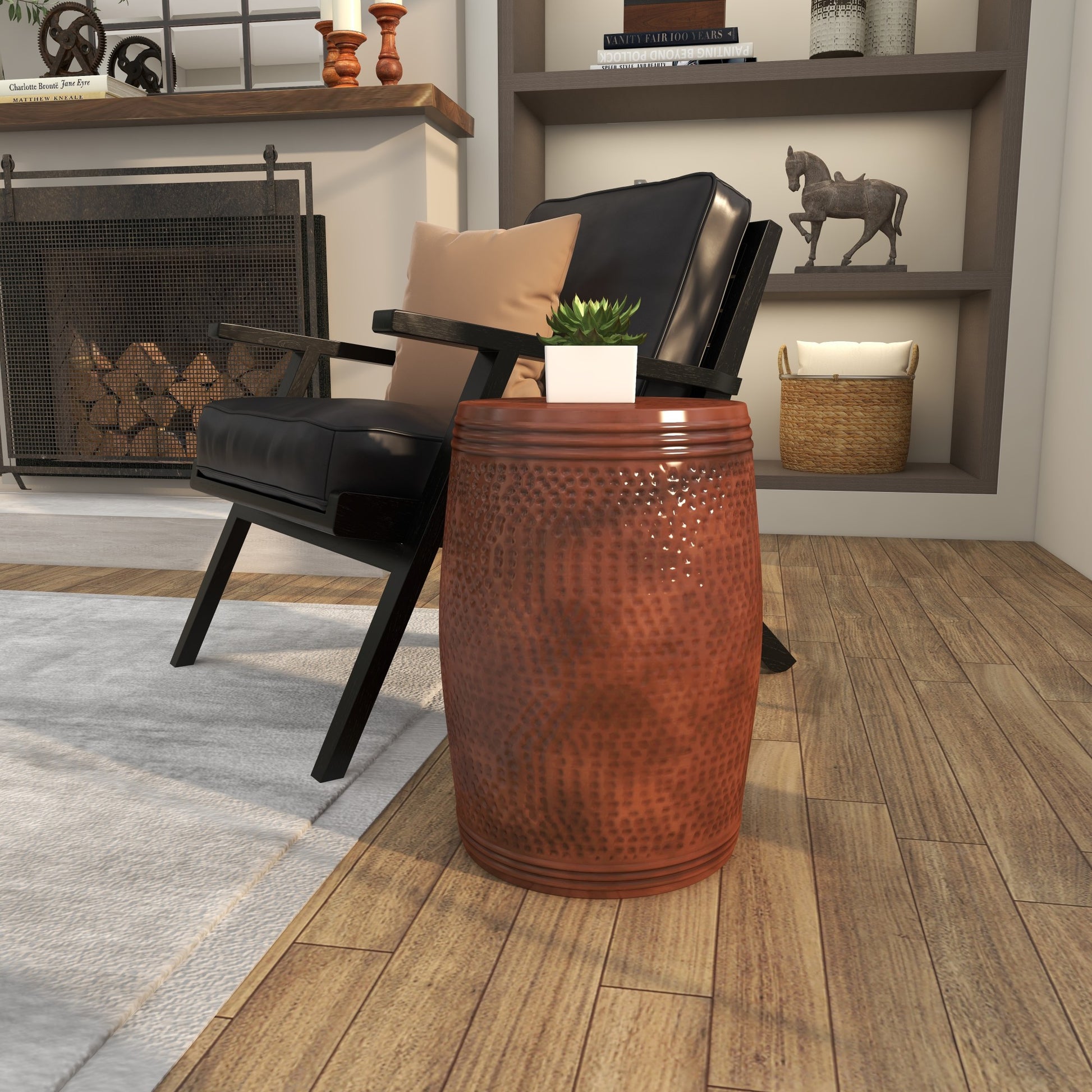 Drum Metal Handmade Side End Accent Table with Hammered Design