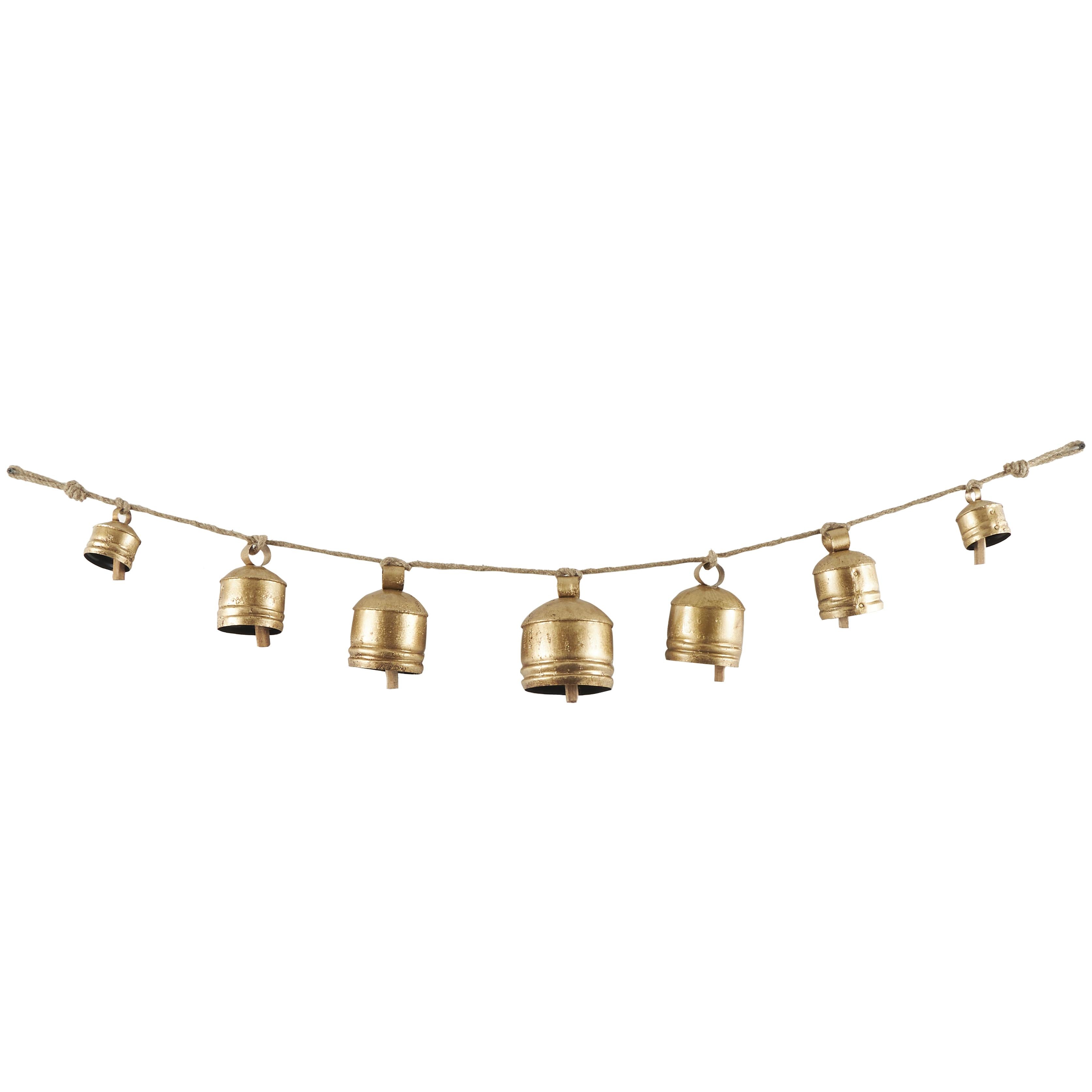 Gold Metal Tibetan Inspired String Hanging Indoor Outdoor Decorative Cow Bells with 6 Bells on Jute Hanging Rope