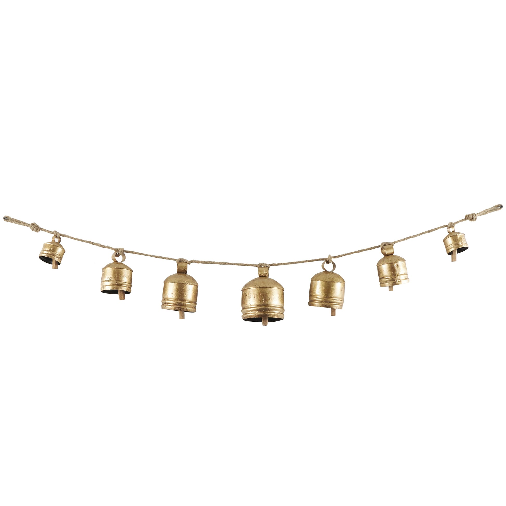 Gold Metal Tibetan Inspired String Hanging Indoor Outdoor Decorative Cow Bells with 6 Bells on Jute Hanging Rope