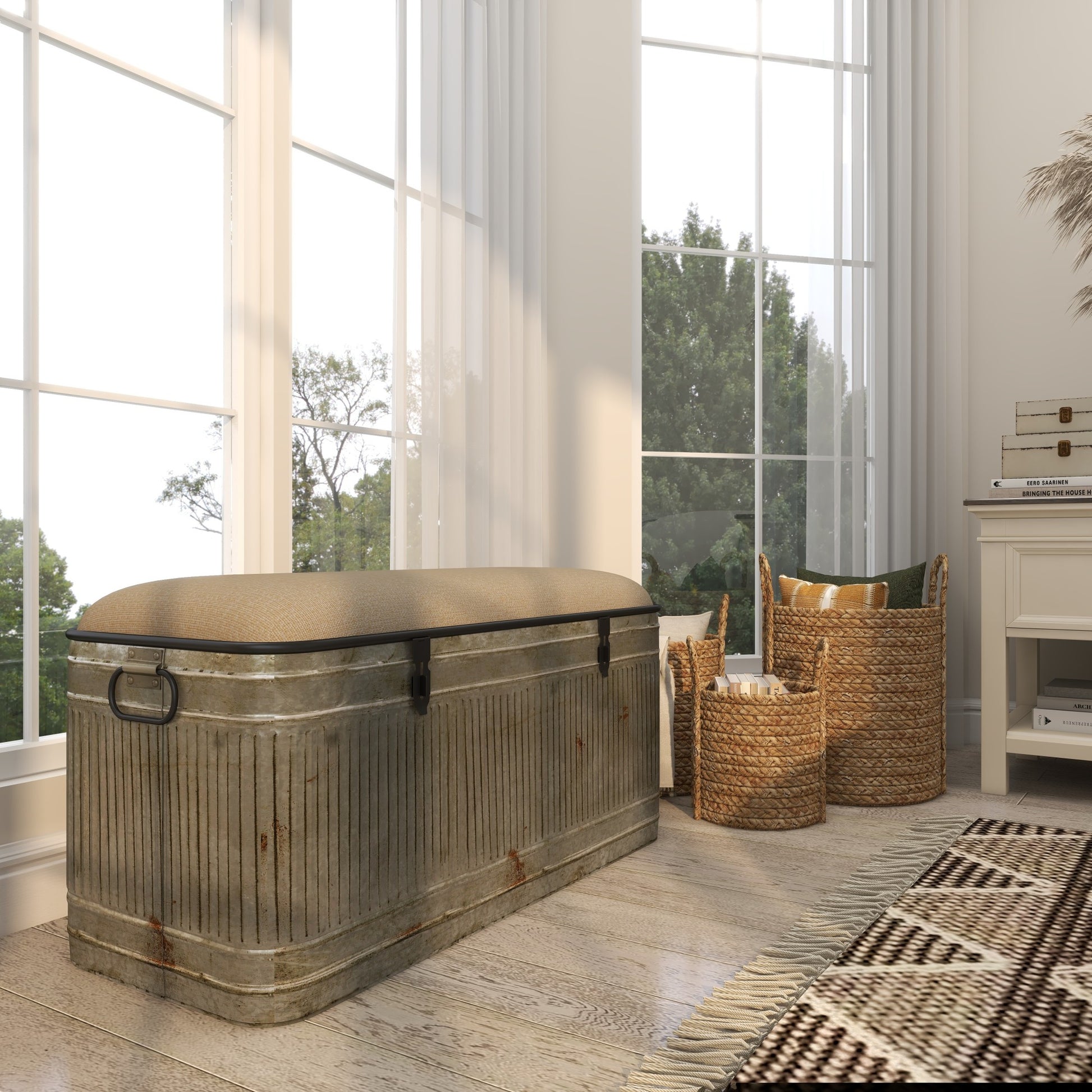 Gray Metal Galvanized Room Storage Bench with Cream Burlap Top and Black Latches