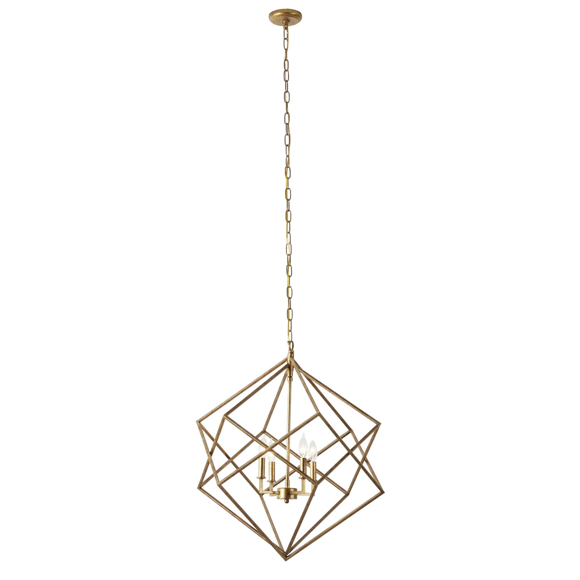 Geometric Gold Metal Caged 4 Light Room Chandelier with Link Style Chain
