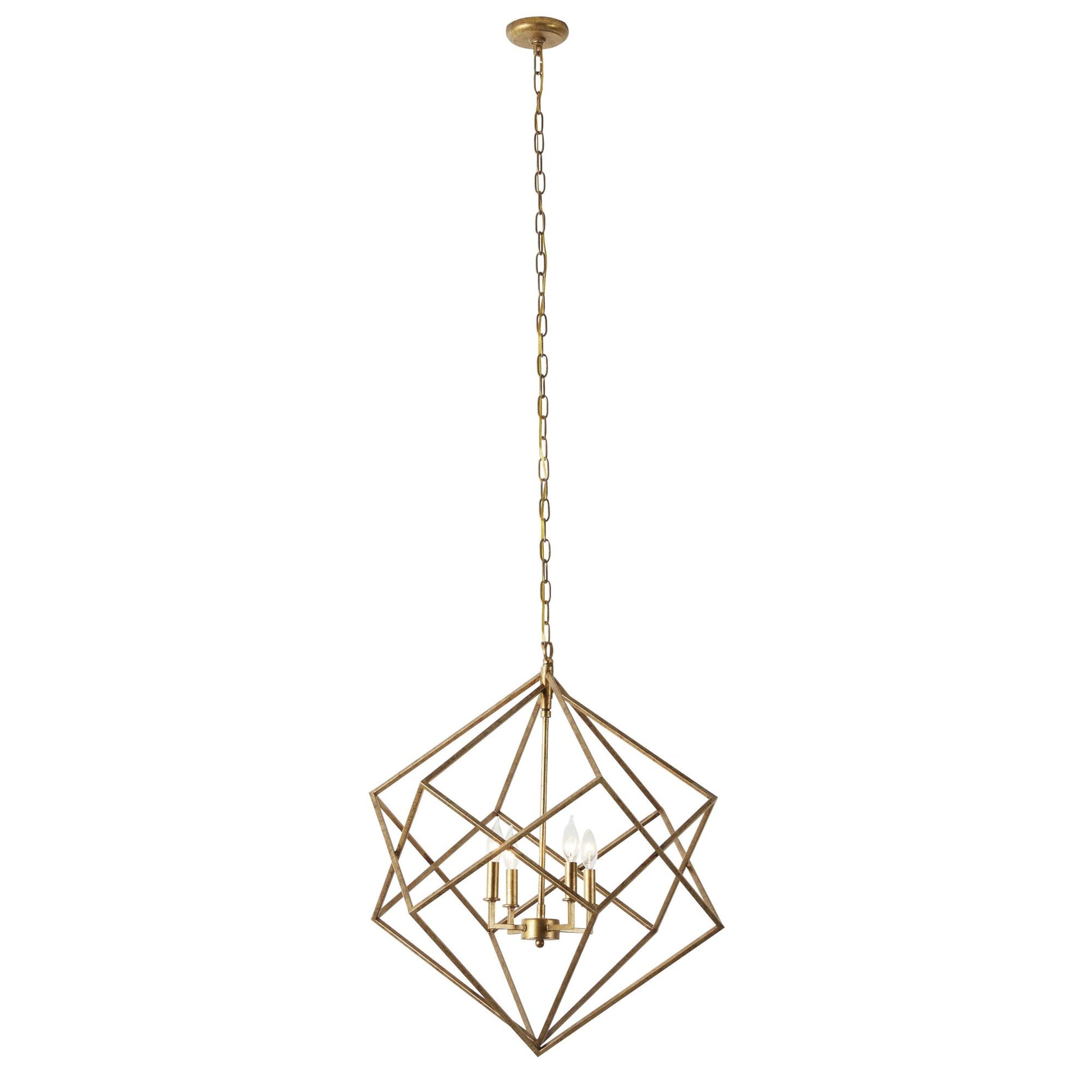 Geometric Gold Metal Caged 4 Light Room Chandelier with Link Style Chain