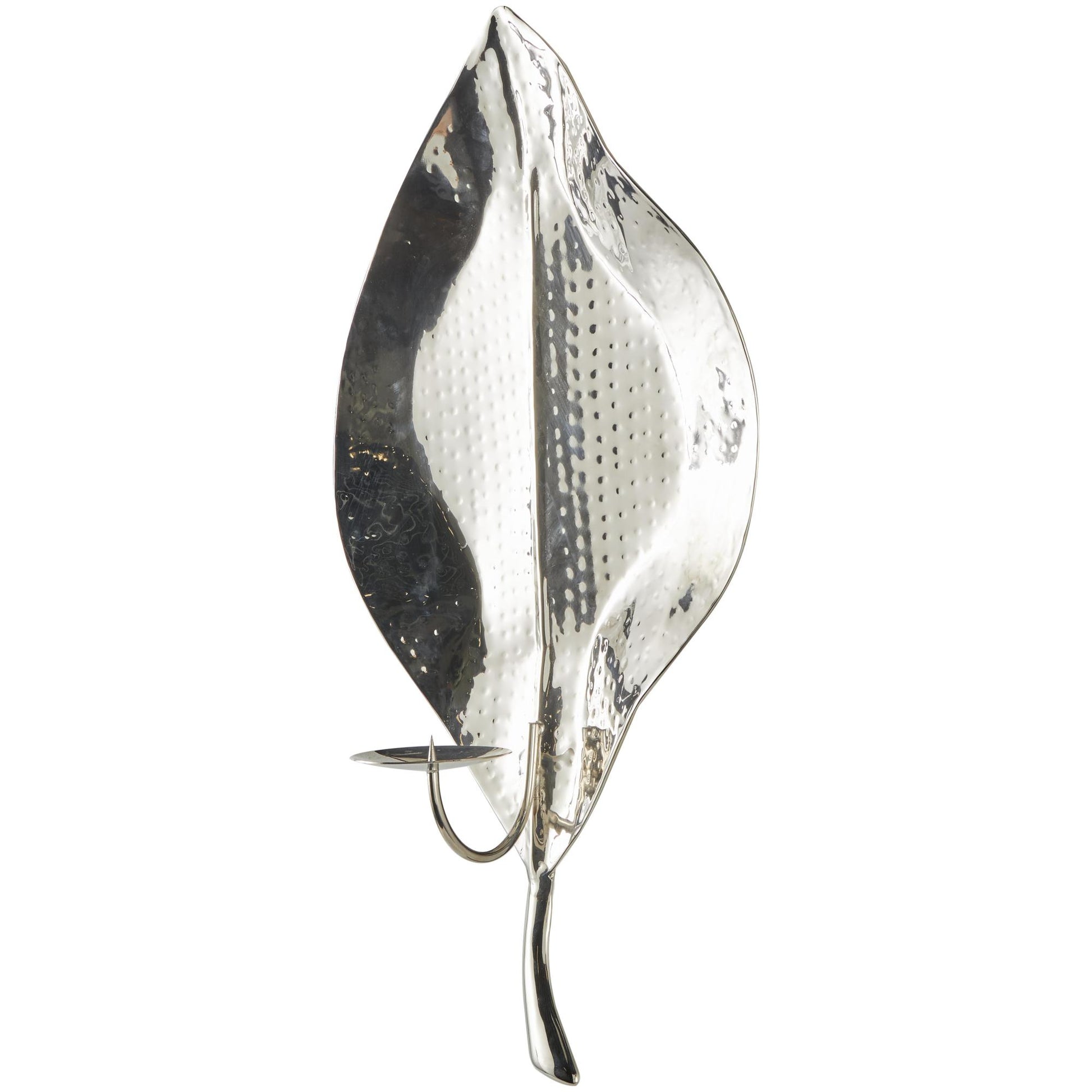 Leaf Silver Stainless Steel Metal Slim Single Candle Indoor Outdoor Wall Sconce with Hammered Design