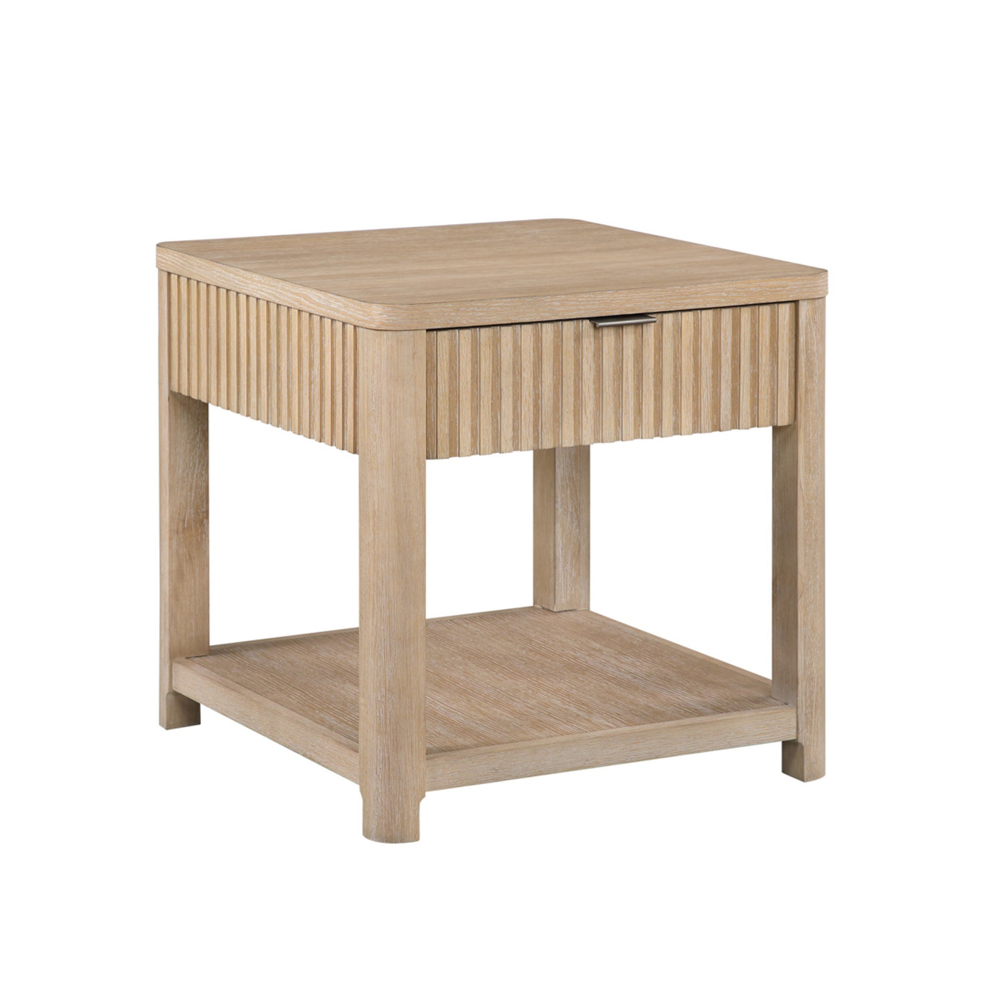 Light Brown Wooden Slatted 1 Drawer Side End Accent Table with Natural Wood Grains and Silver Handle