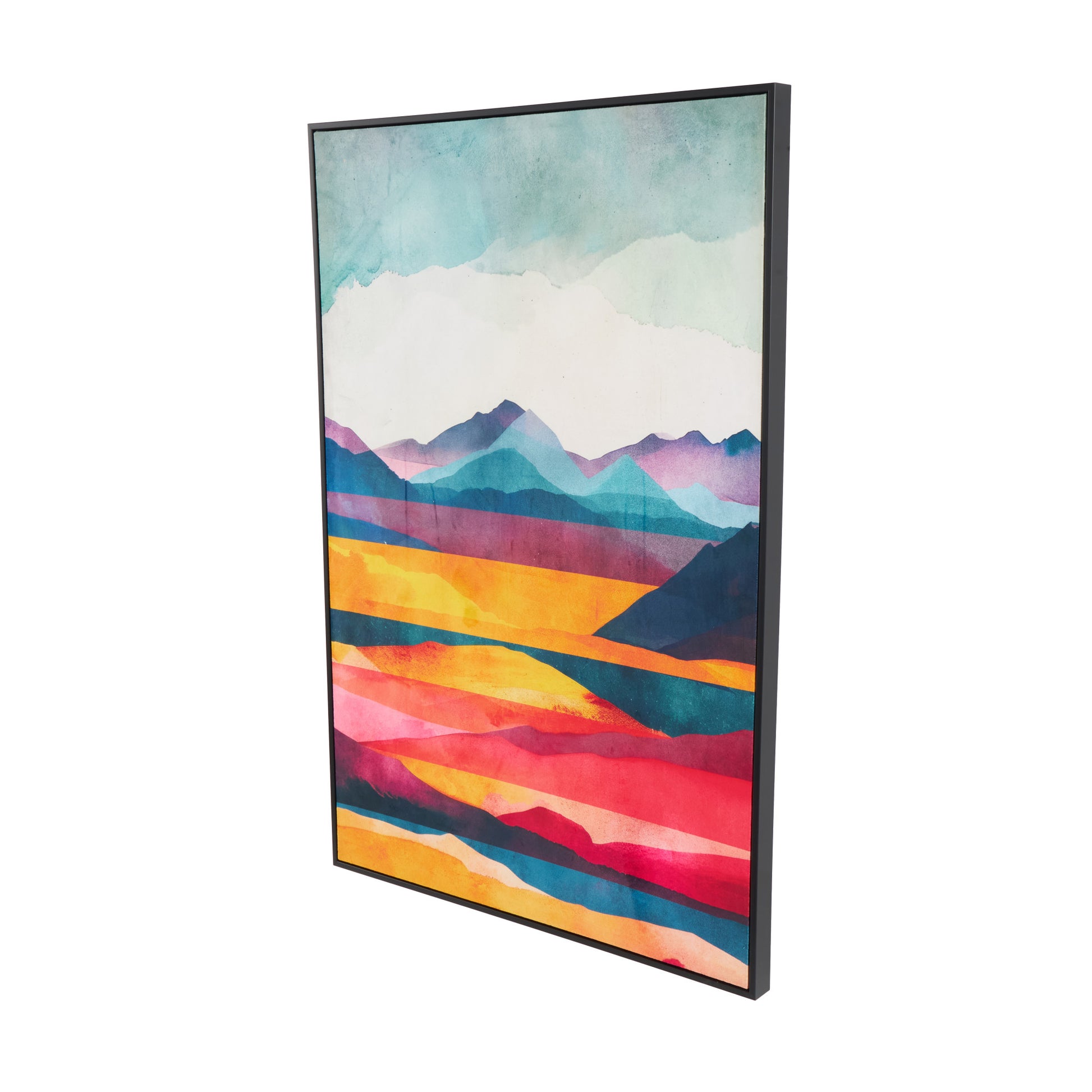 Abstract Multi Colored Canvas Mountains and Lake View Living Room Framed Wall Art with Black Frame
