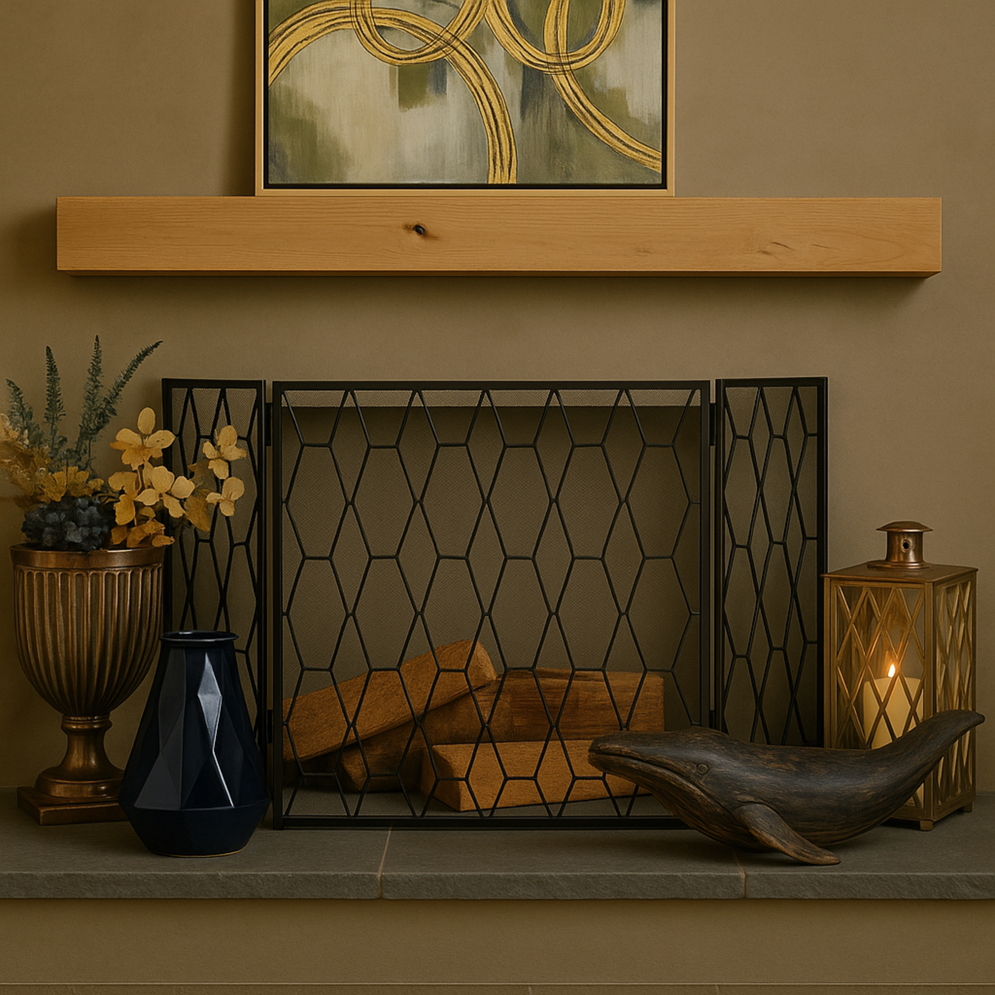 Geometric Black Metal Foldable 3 Panel Living Room Fireplace Screen with Mesh Netting