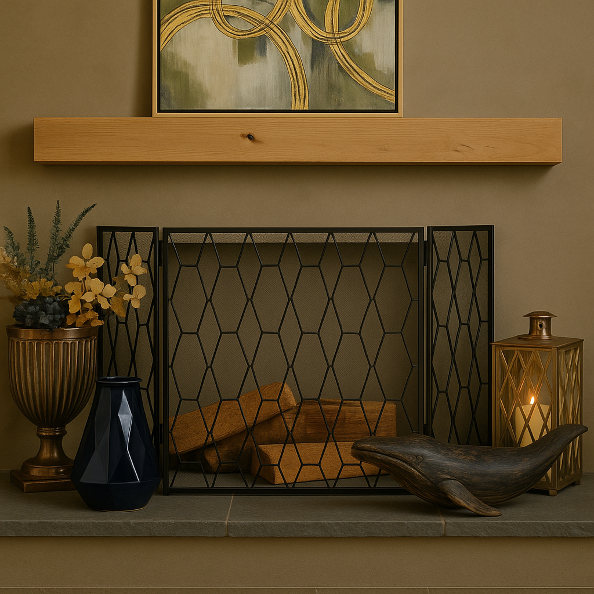 Geometric Black Metal Foldable 3 Panel Living Room Fireplace Screen with Mesh Netting
