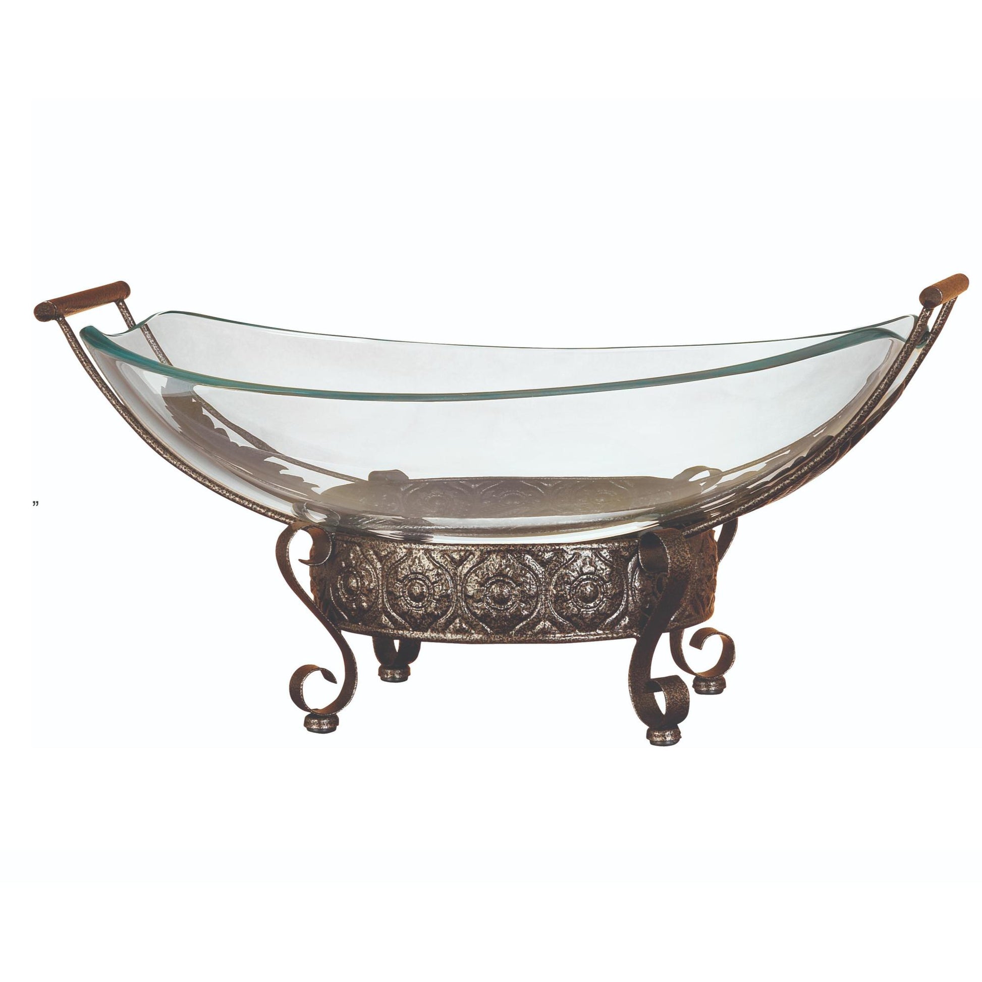 Kitchen Clear Tempered Glass Decorative Serving Bowl with Brown Metal Scroll Base