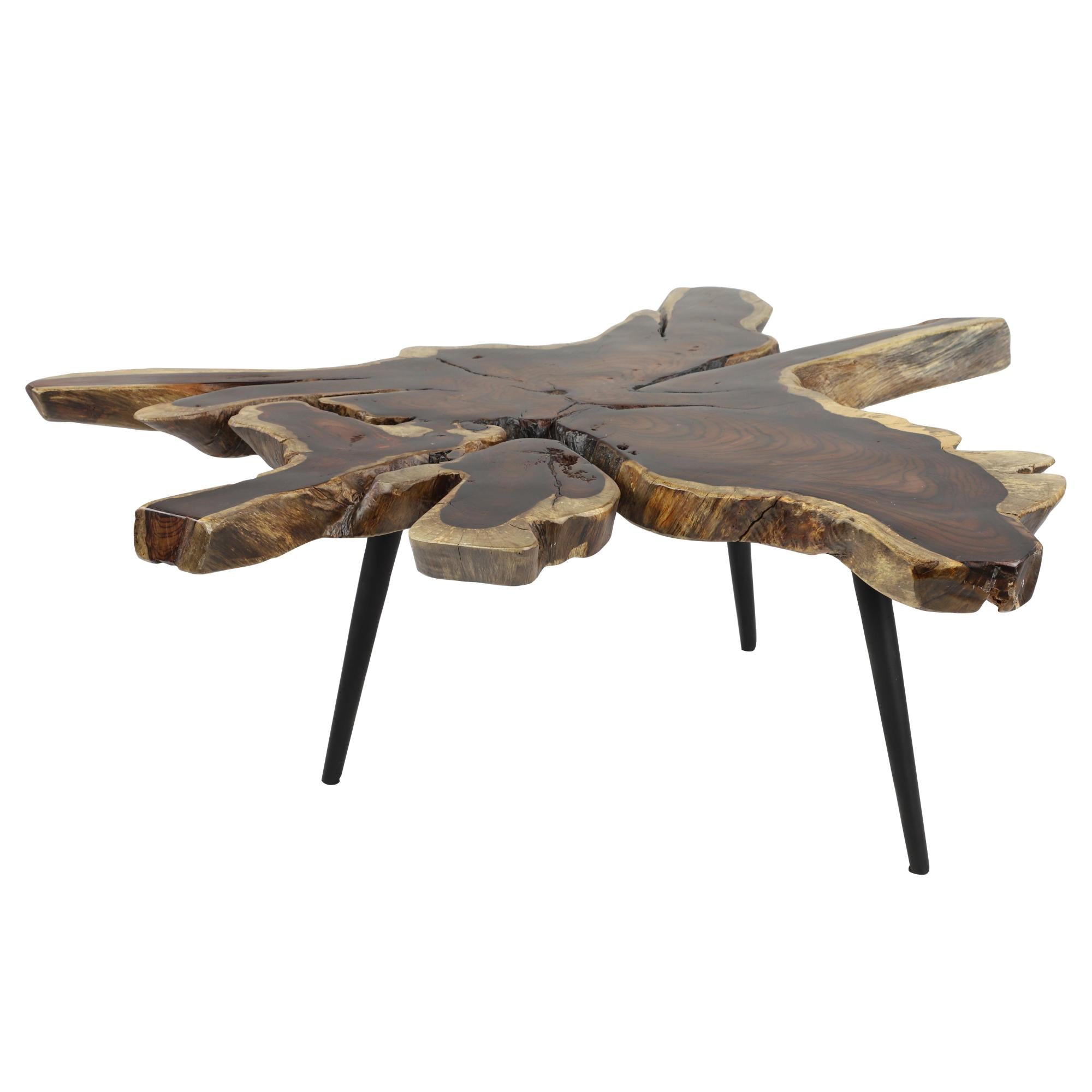 Brown Wood Handmade Live Edge Top Living Room Coffee Table with Black Metal Tripod Legs
