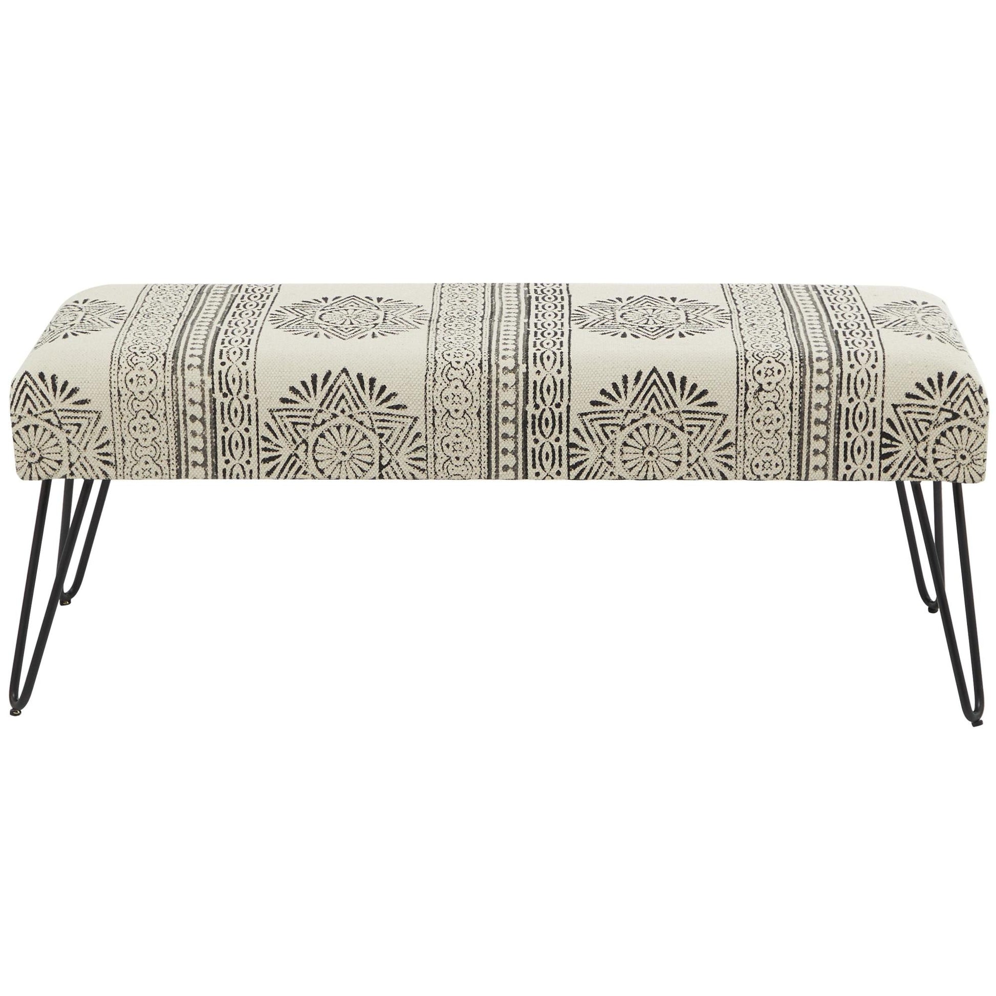 Tribal Cotton Fabric Home Bench with Metal Hairpin Legs
