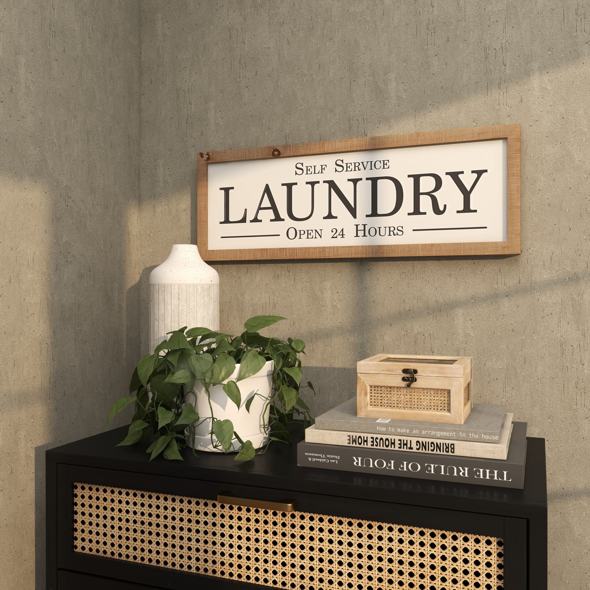 Sign White Metal Laundry Home Wall Decor with Wood Frame