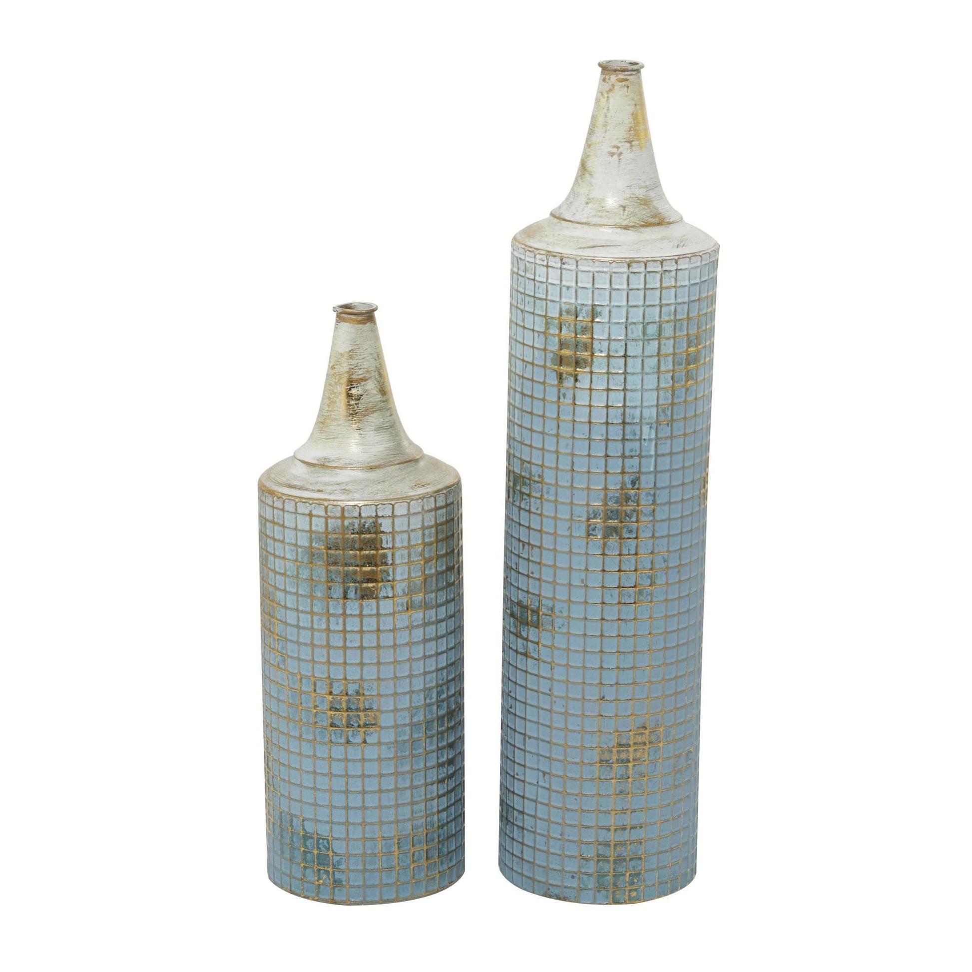 Set of 2 Geometric Blue Metal Distressed Tall Decorative Vase with Grid Pattern and Gold Accents
