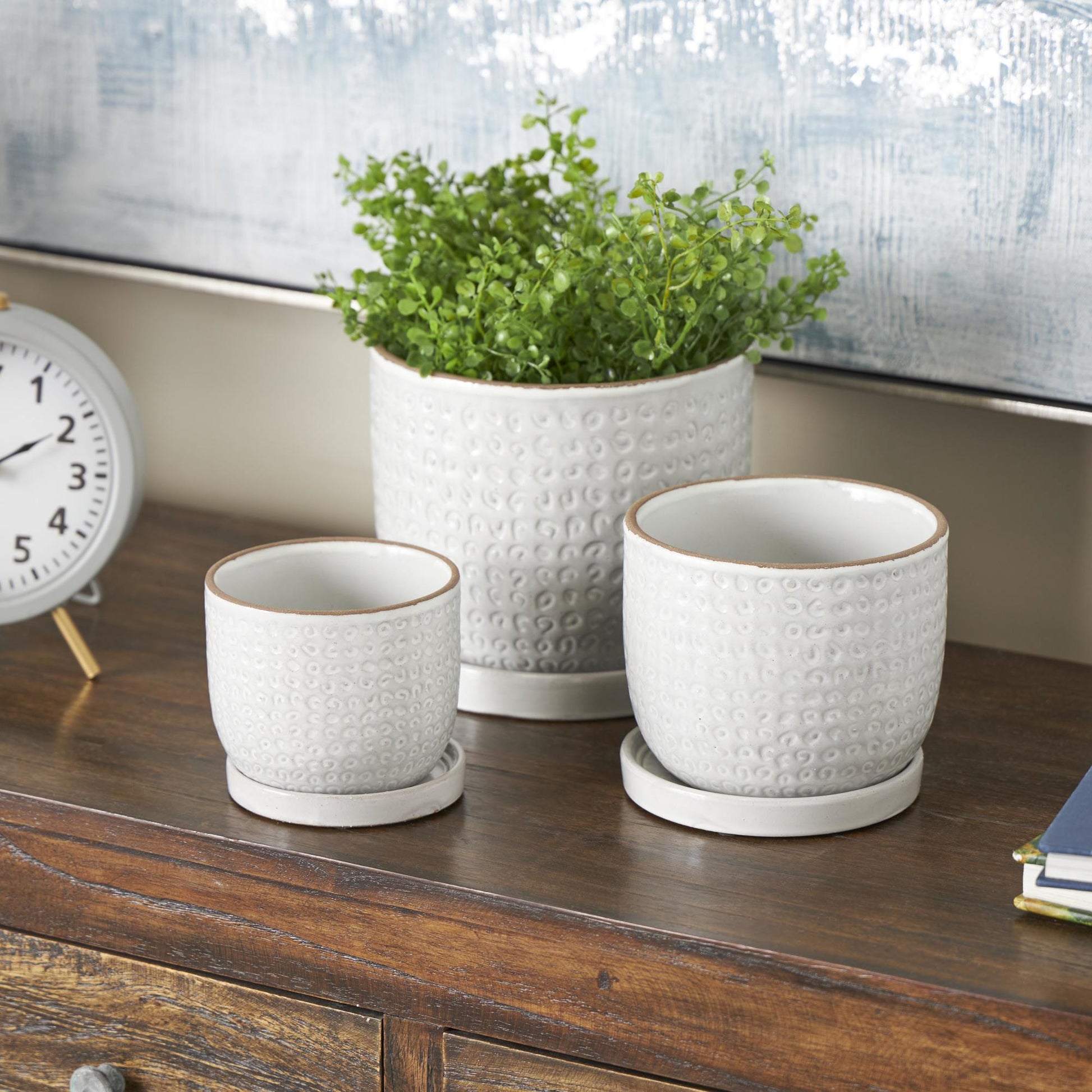 Set of 3 White Ceramic Abstract Circle Patterned Indoor Outdoor Planter with Brown Accents and Base Tray